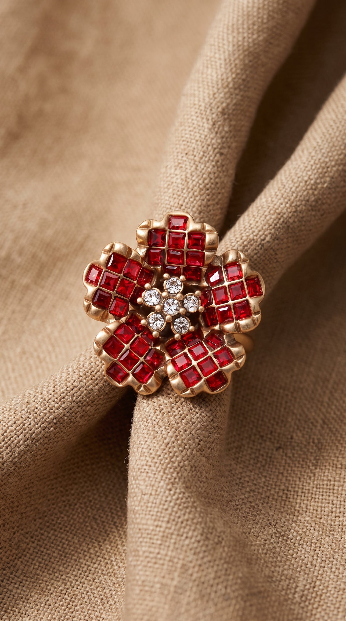 Crimson Bloom Ring | Gold Plated Recycled Brass with Red Cubic Zirconia