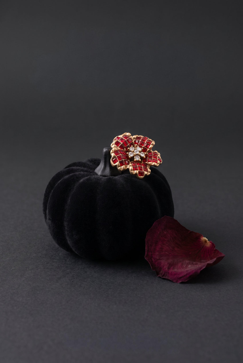 Crimson Bloom Ring | Gold Plated Recycled Brass with Red Cubic Zirconia