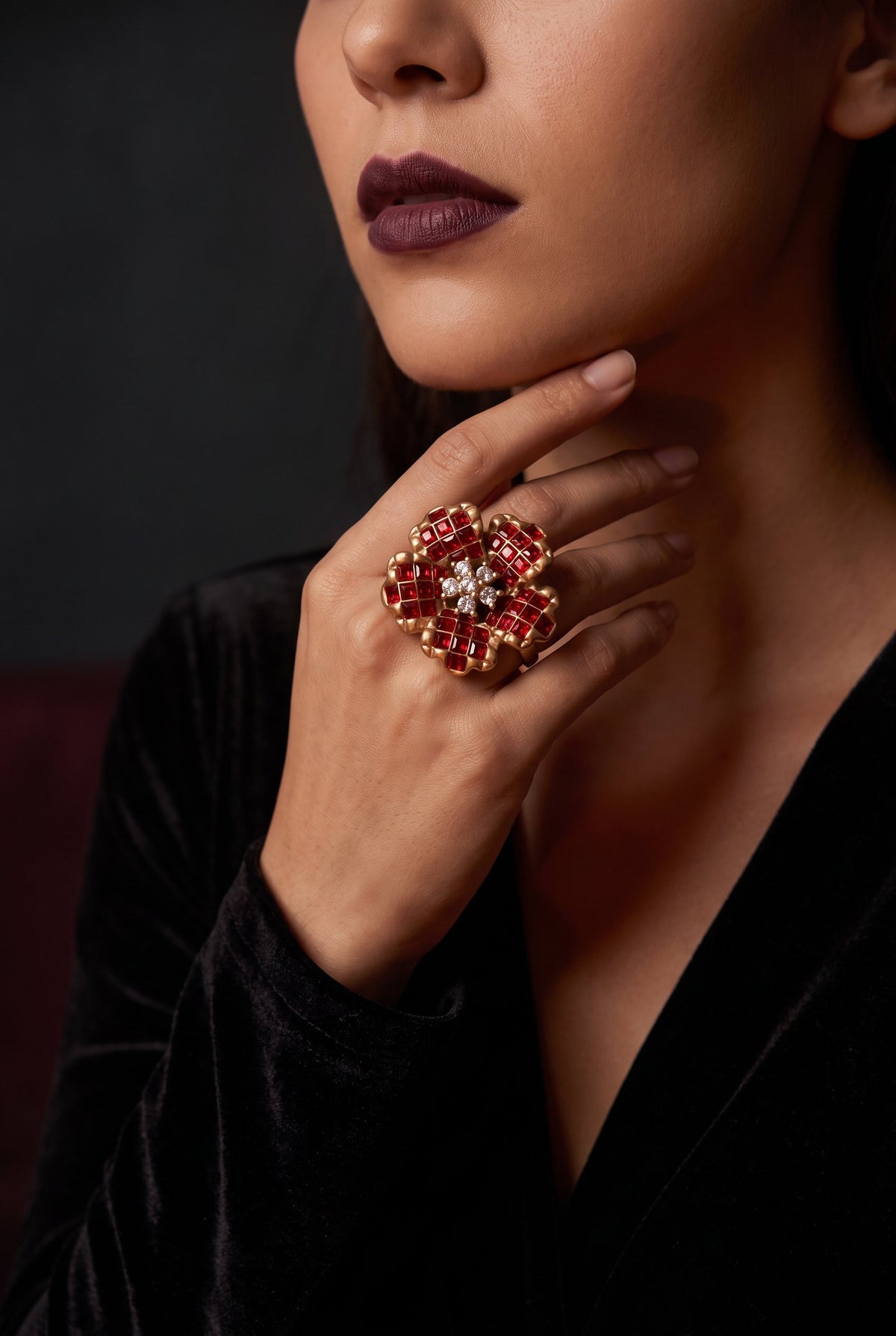 Crimson Bloom Ring | Gold Plated Recycled Brass with Red Cubic Zirconia