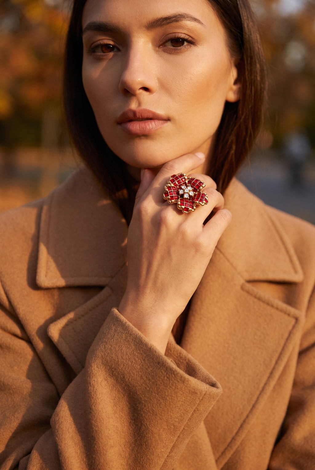 Crimson Bloom Ring | Gold Plated Recycled Brass with Red Cubic Zirconia