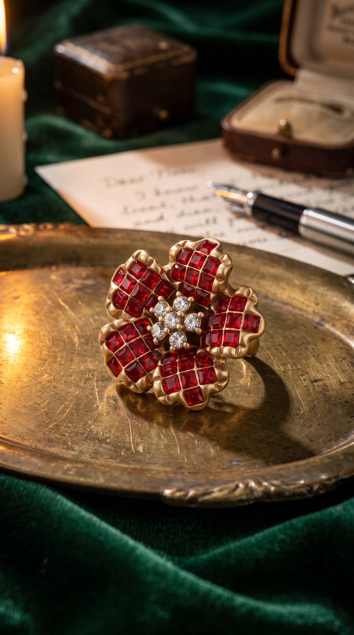 Crimson Bloom Ring | Gold Plated Recycled Brass with Red Cubic Zirconia