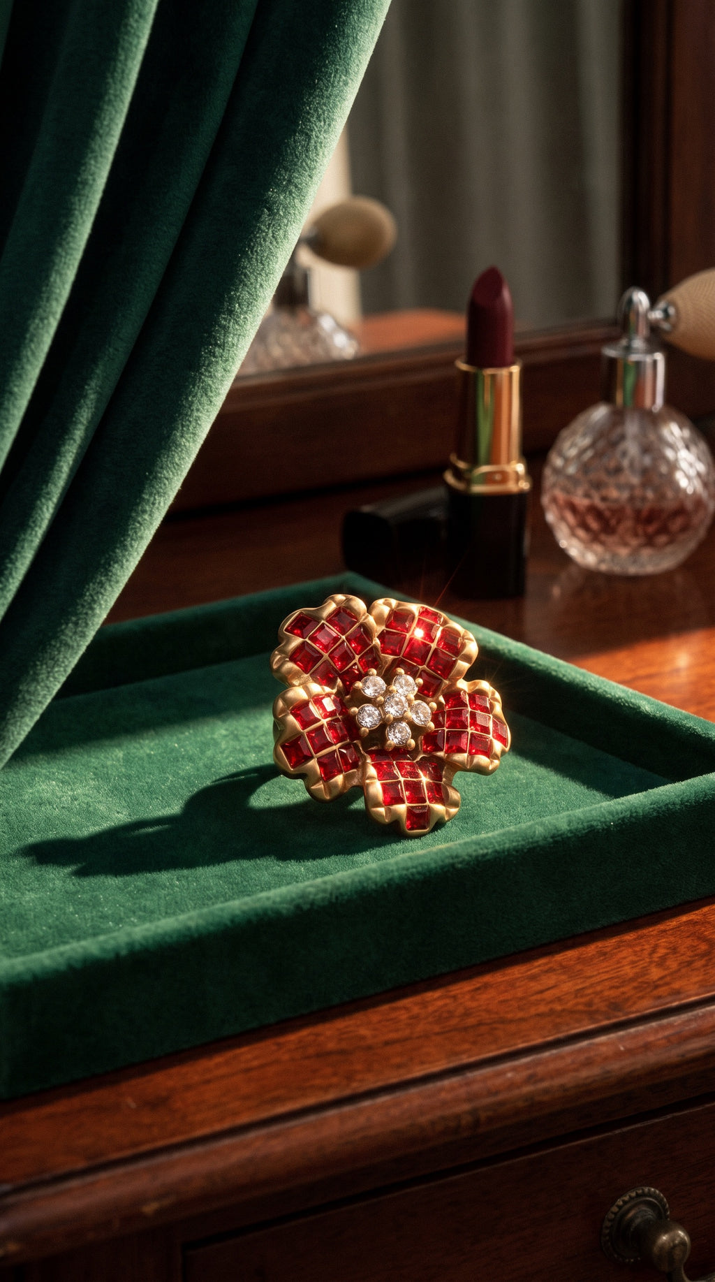 Crimson Bloom Ring | Gold Plated Recycled Brass with Red Cubic Zirconia