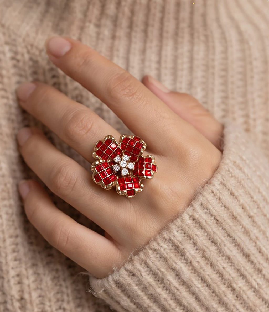 Crimson Bloom Ring | Gold Plated Recycled Brass with Red Cubic Zirconia