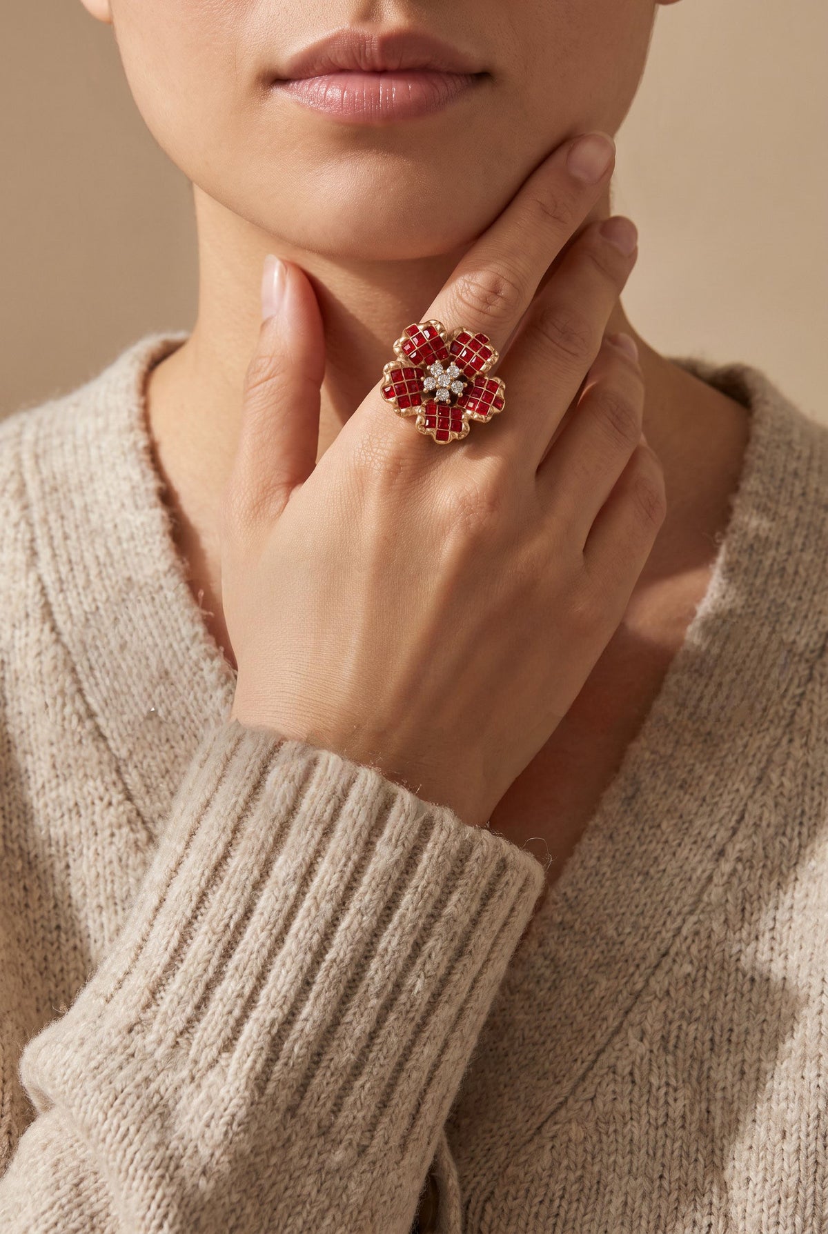 Crimson Bloom Ring | Gold Plated Recycled Brass with Red Cubic Zirconia