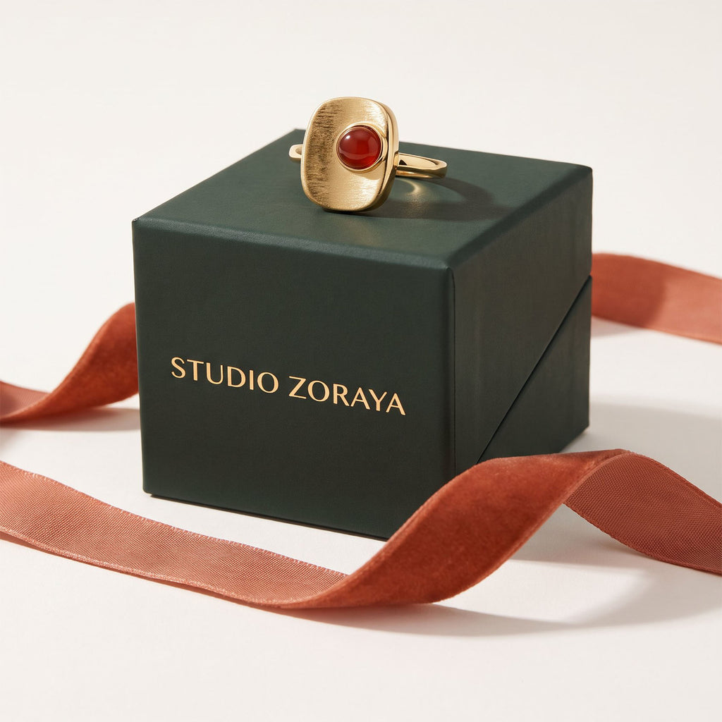 Crimson Square Ring | Gold Plated Recycled Brass with Natural Southern Red Amber Gemstone