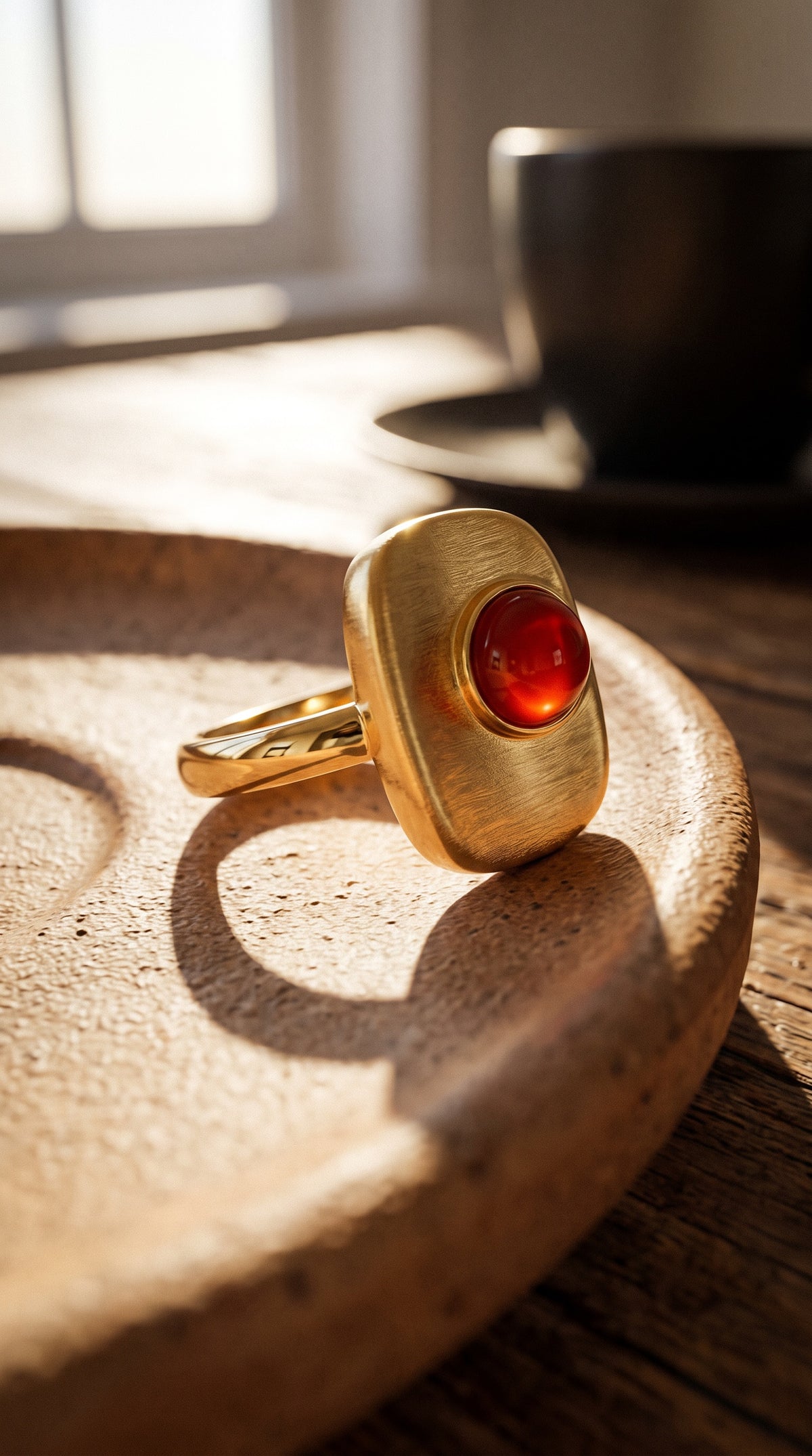 Crimson Square Ring | Gold Plated Recycled Brass with Natural Southern Red Amber Gemstone