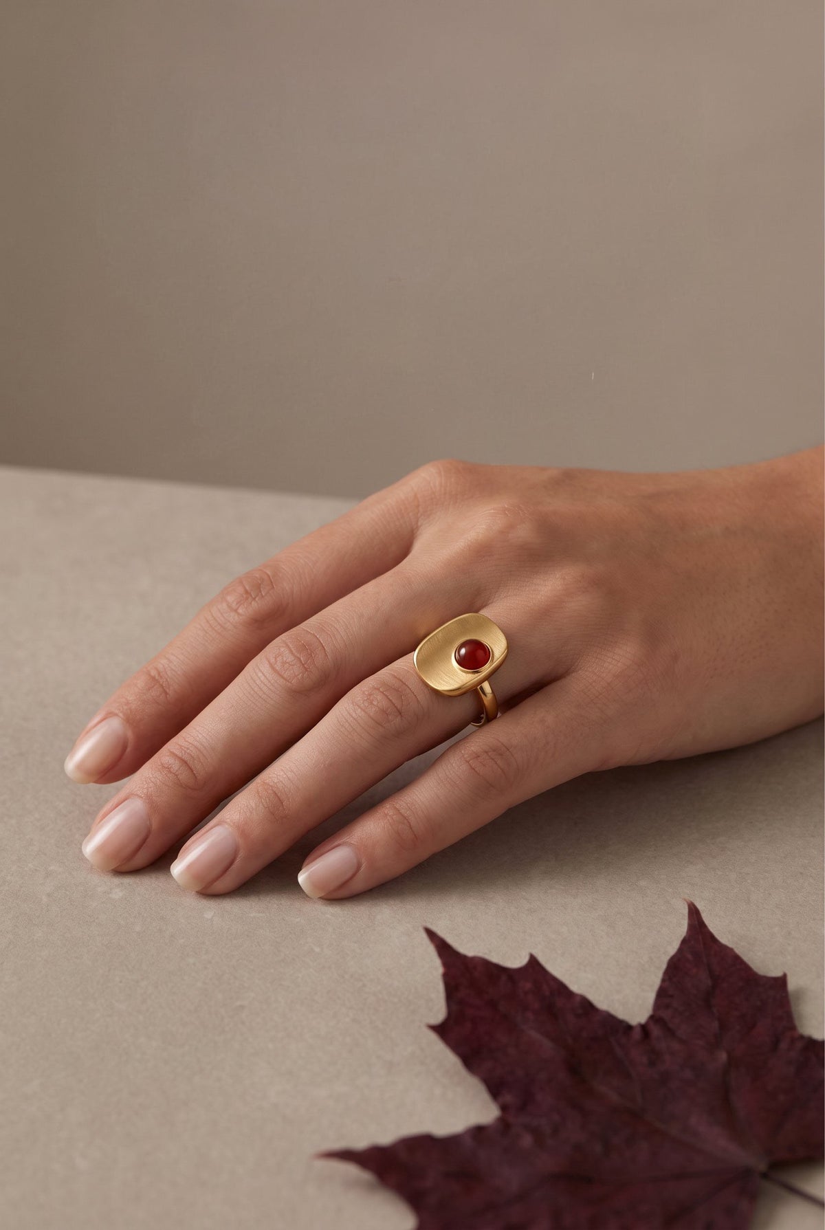 Crimson Square Ring | Gold Plated Recycled Brass with Natural Southern Red Amber Gemstone