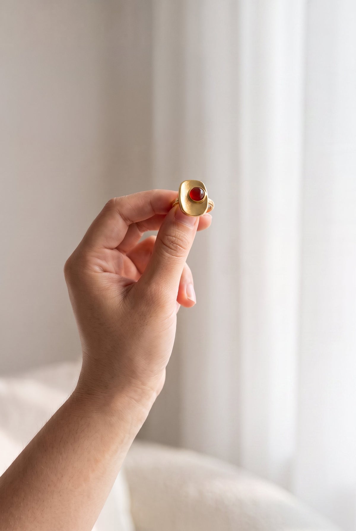 Crimson Square Ring | Gold Plated Recycled Brass with Natural Southern Red Amber Gemstone