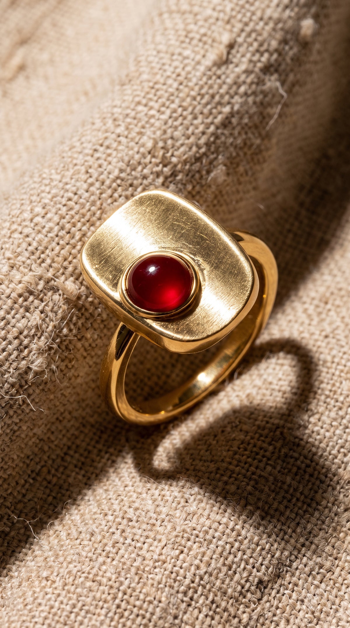Crimson Square Ring | Gold Plated Recycled Brass with Natural Southern Red Amber Gemstone