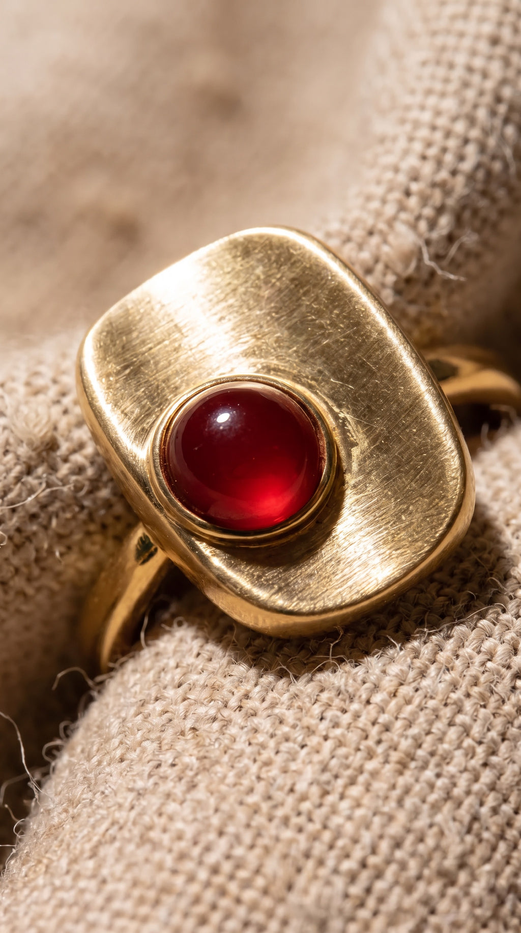 Crimson Square Ring | Gold Plated Recycled Brass with Natural Southern Red Amber Gemstone