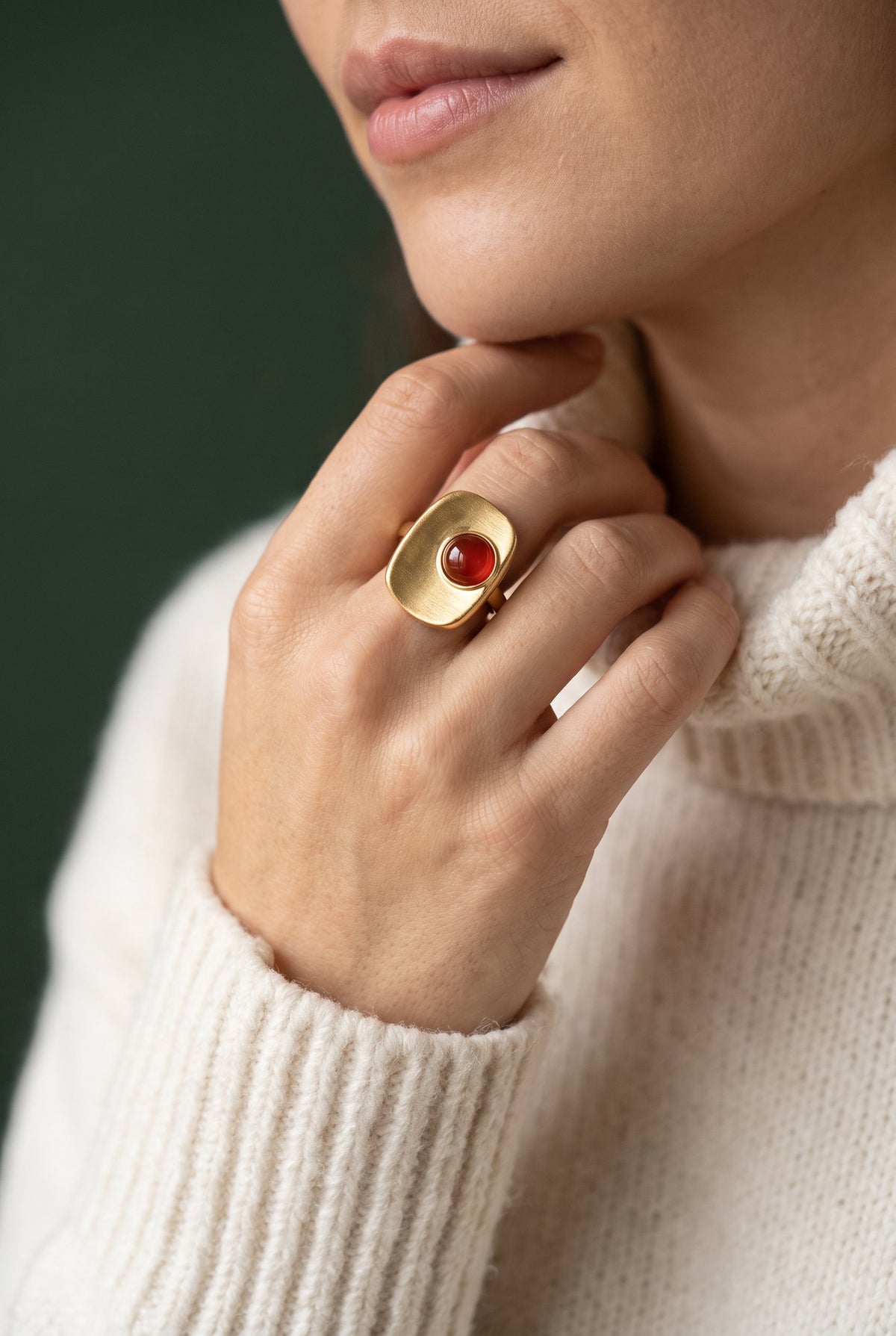 Crimson Square Ring | Gold Plated Recycled Brass with Natural Southern Red Amber Gemstone