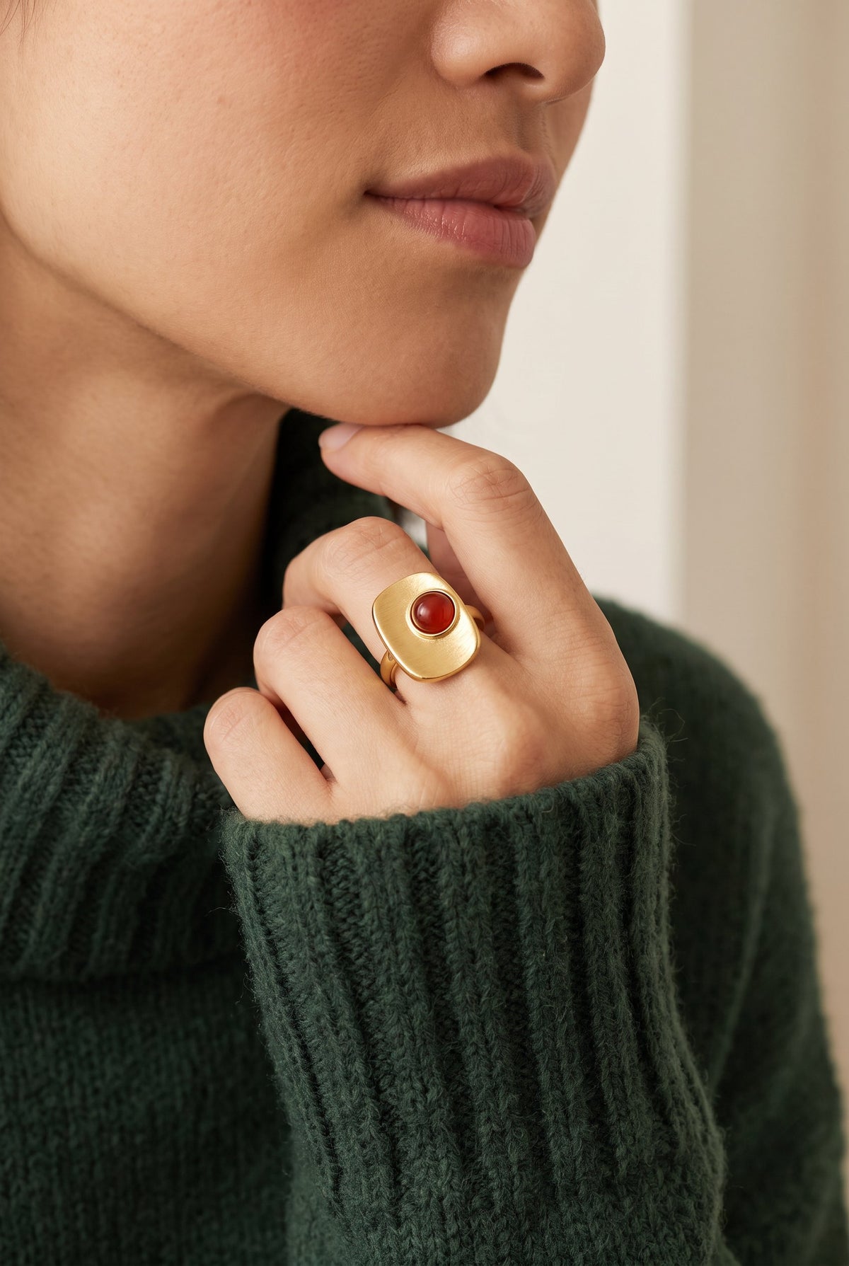 Crimson Square Ring | Gold Plated Recycled Brass with Natural Southern Red Amber Gemstone