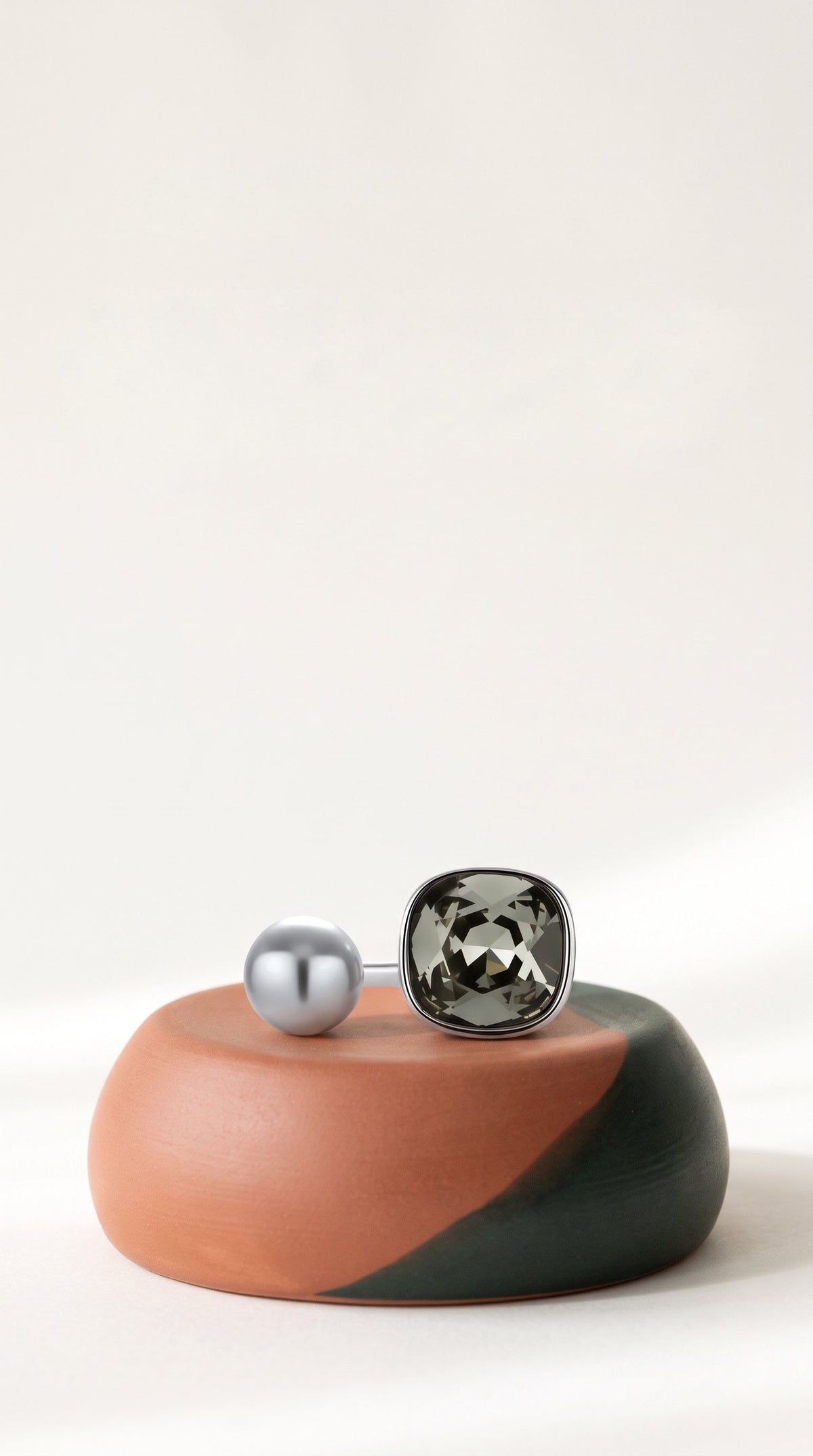 Dual Element Ring | White Gold Plated Recycled Brass with Cubic Zirconia Accents