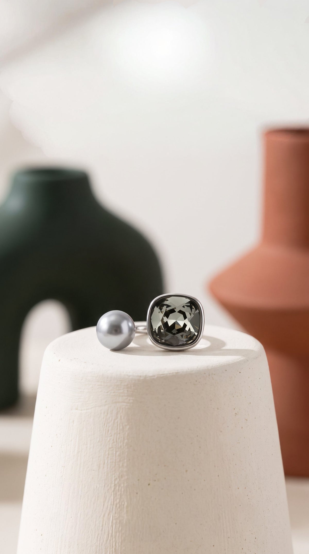 Dual Element Ring | White Gold Plated Recycled Brass with Cubic Zirconia Accents