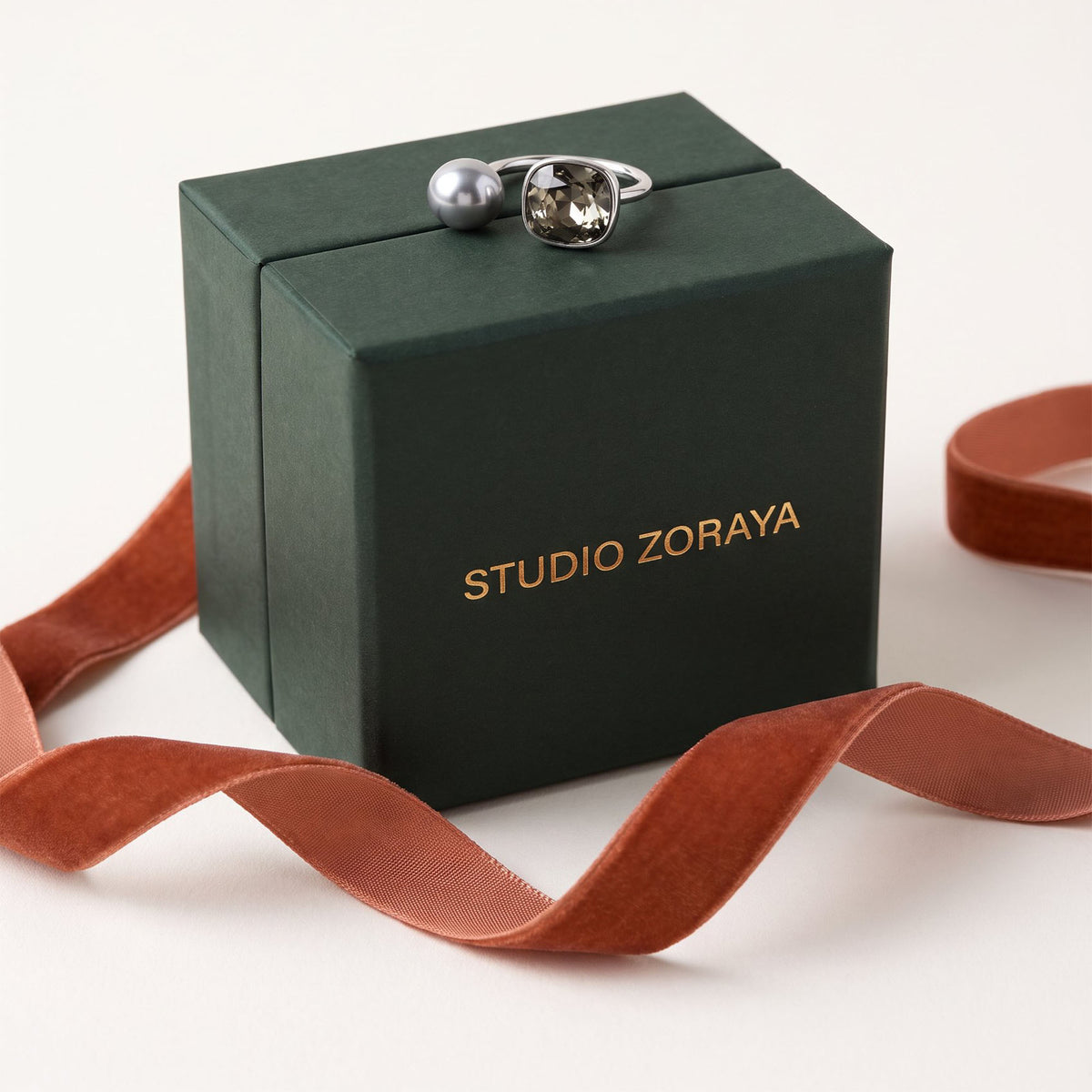 Dual Element Ring | White Gold Plated Recycled Brass with Cubic Zirconia Accents