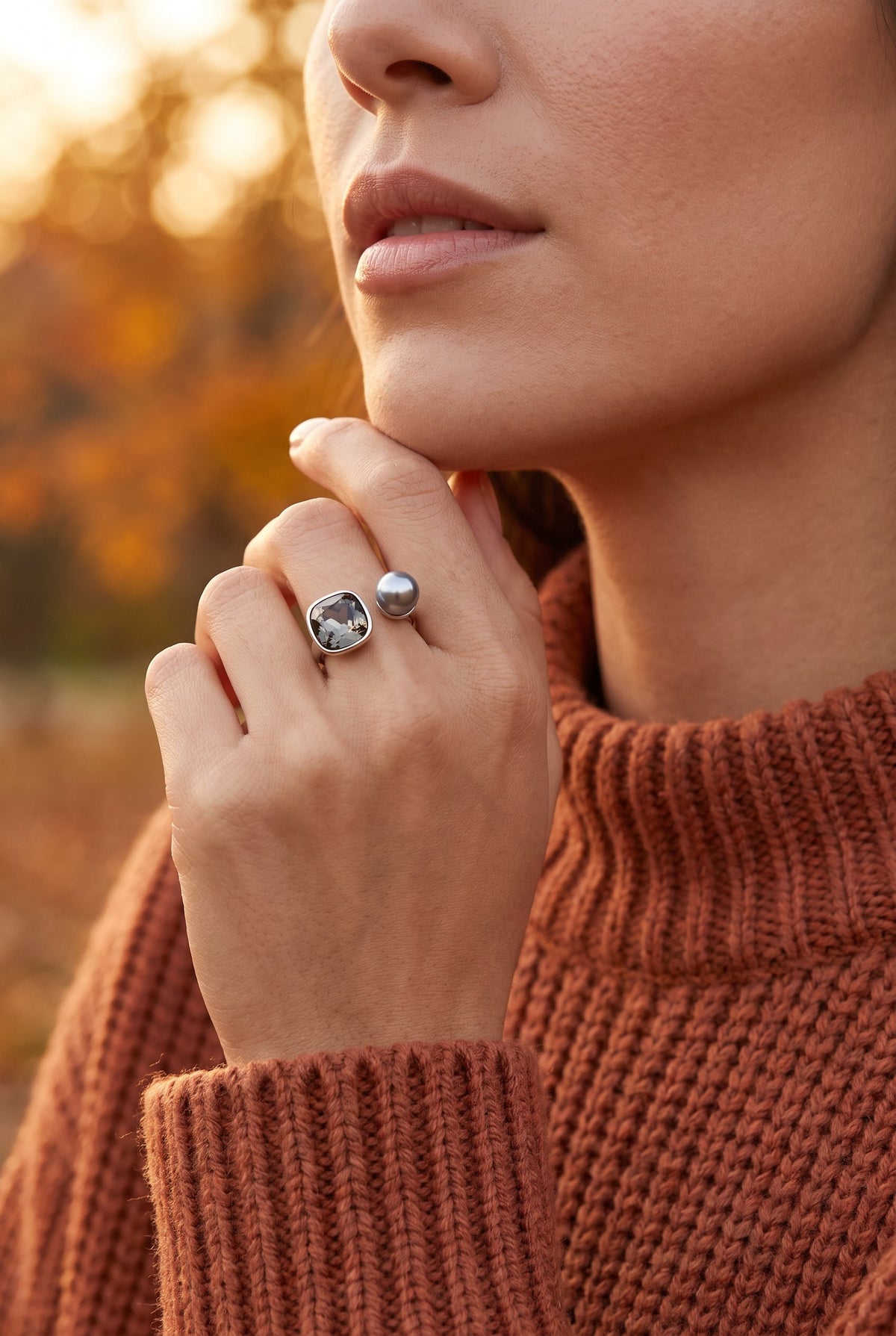 Dual Element Ring | White Gold Plated Recycled Brass with Cubic Zirconia Accents