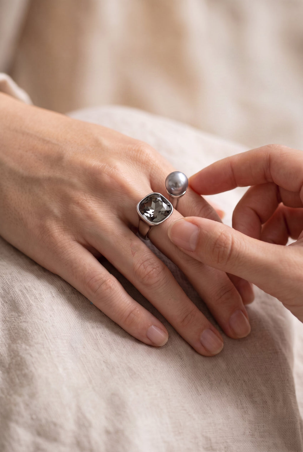 Dual Element Ring | White Gold Plated Recycled Brass with Cubic Zirconia Accents