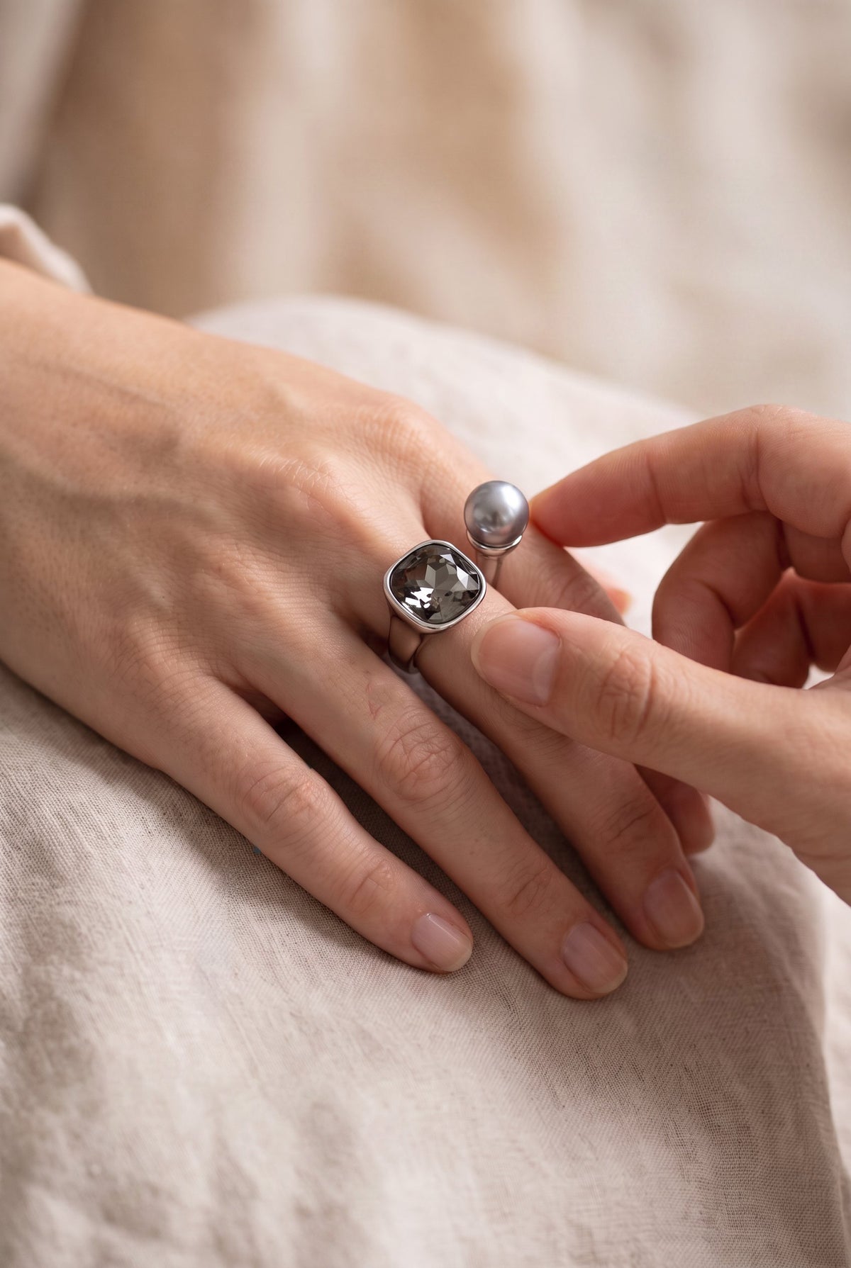 Dual Element Ring | White Gold Plated Recycled Brass with Cubic Zirconia Accents