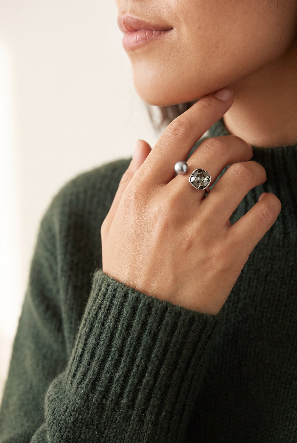 Dual Element Ring | White Gold Plated Recycled Brass with Cubic Zirconia Accents