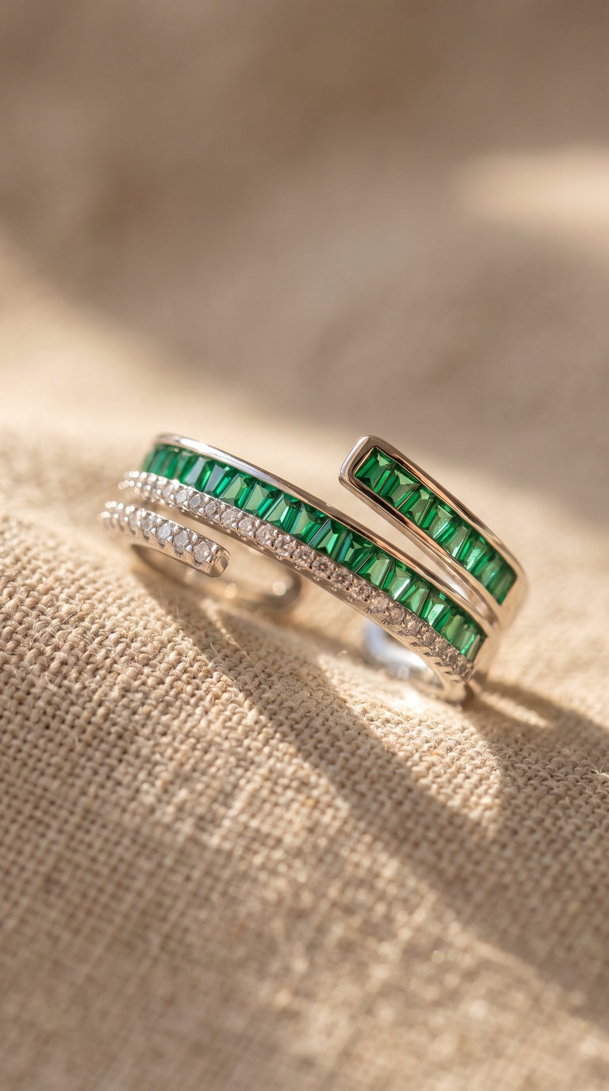Emerald Layers Ring | Gold Plated Recycled Brass with Green Cubic Zirconia Accent
