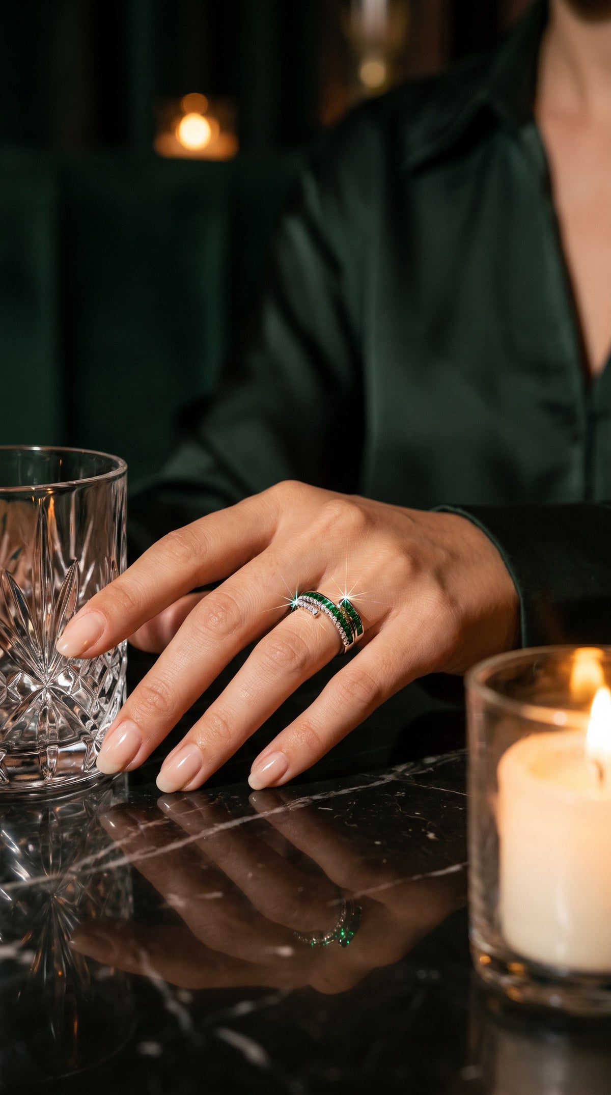 Emerald Layers Ring | Gold Plated Recycled Brass with Green Cubic Zirconia Accent