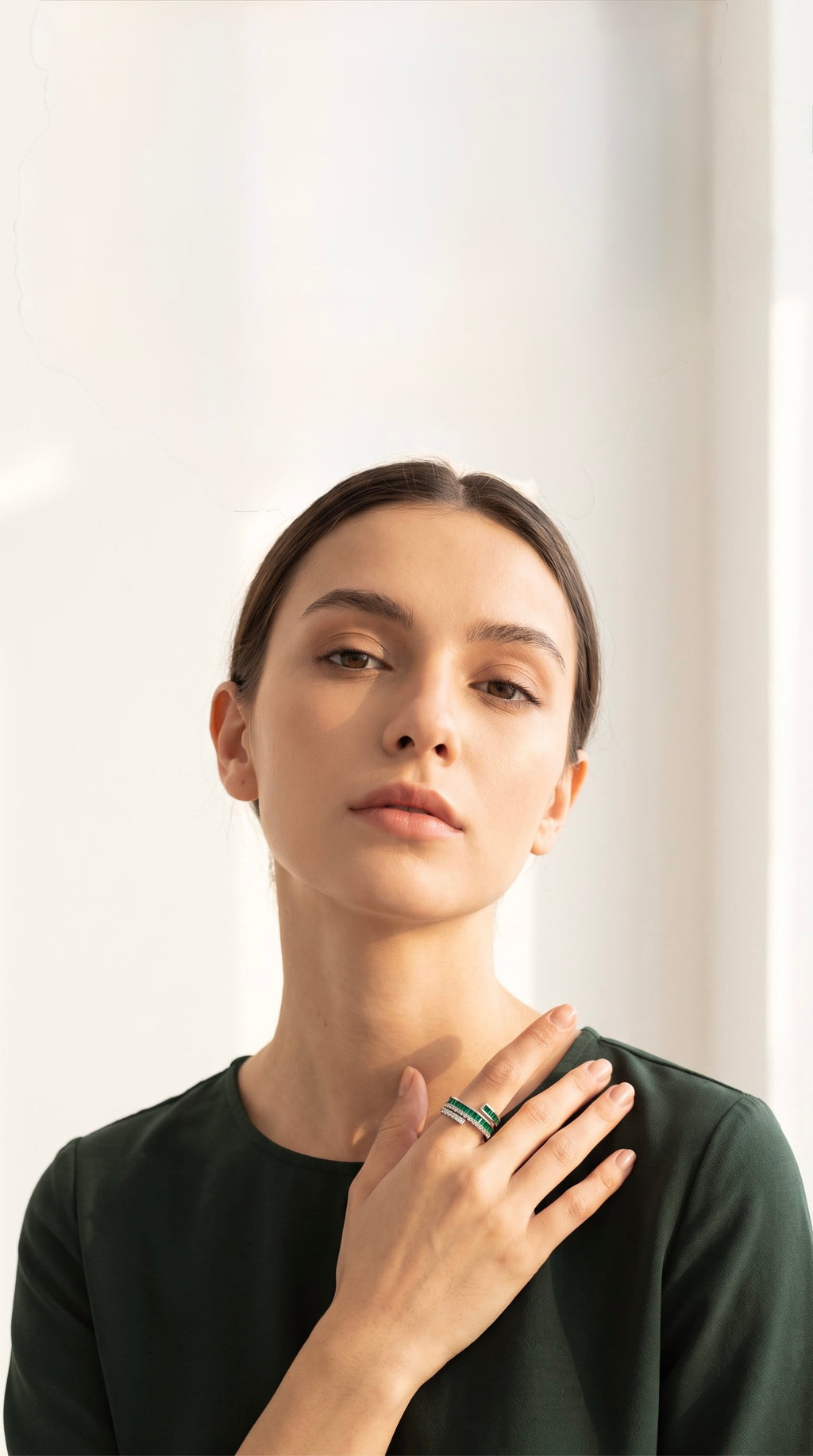 Emerald Layers Ring | Gold Plated Recycled Brass with Green Cubic Zirconia Accent
