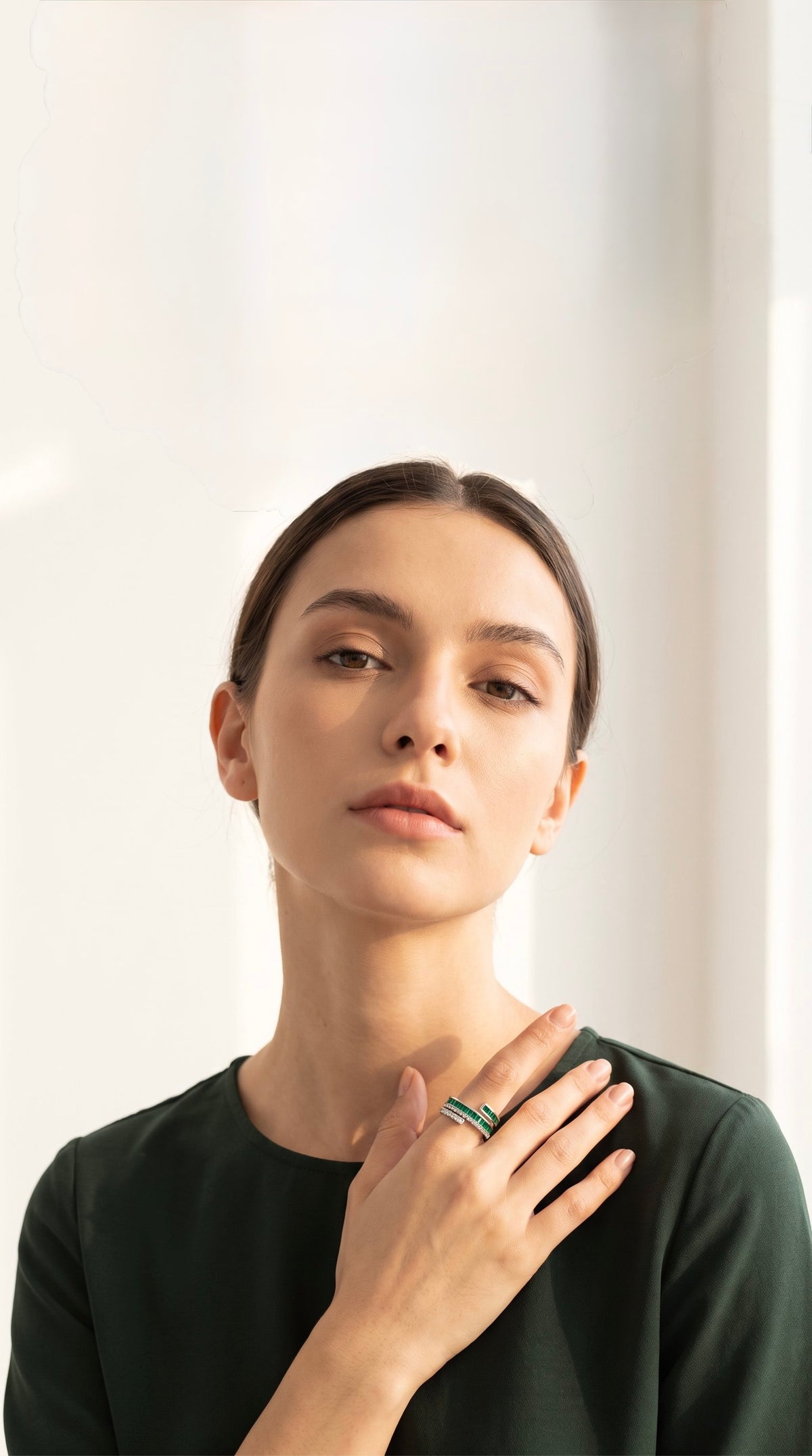 Emerald Layers Ring | Gold Plated Recycled Brass with Green Cubic Zirconia Accent