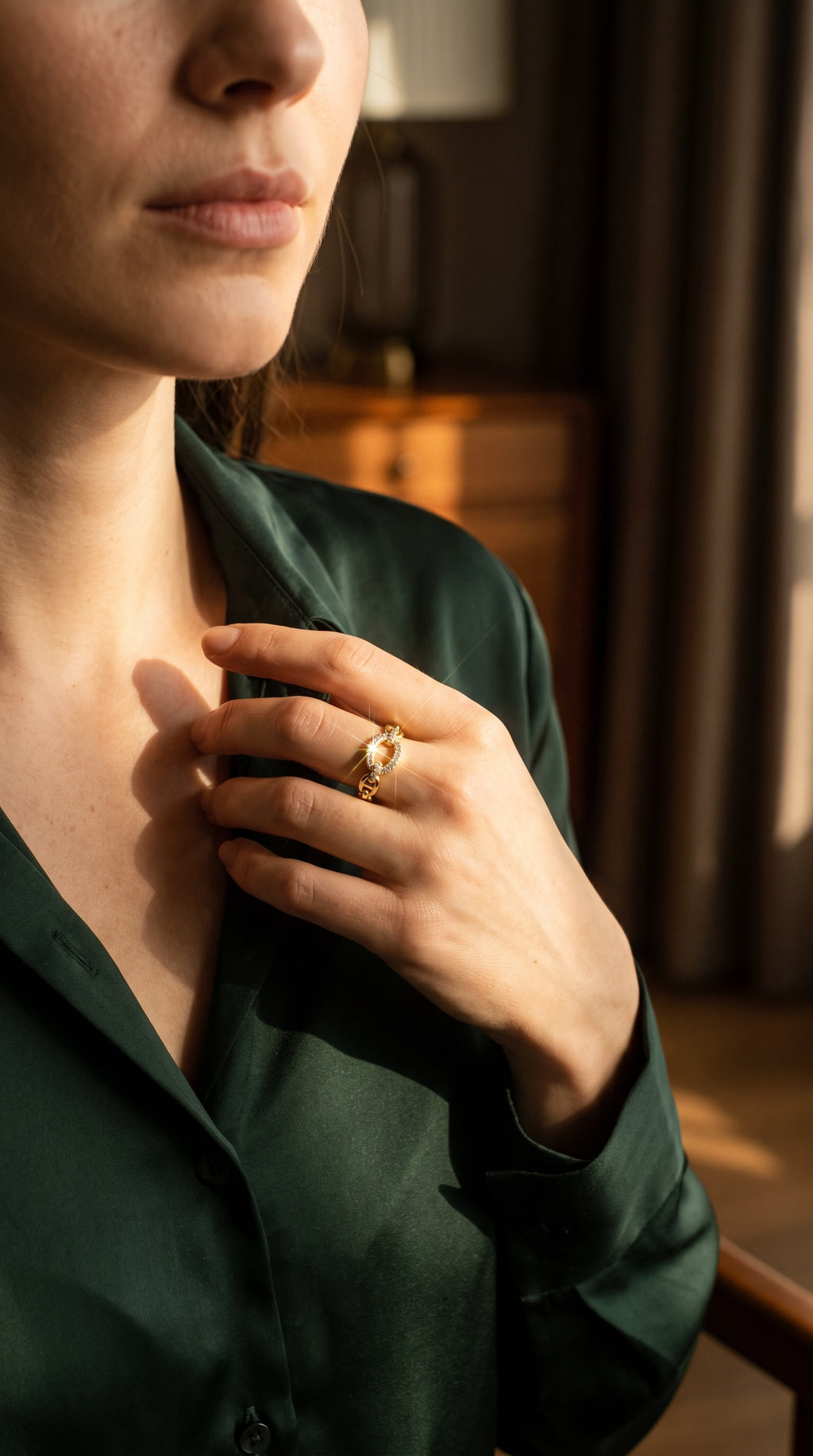 Golden Chain Statement Ring | Gold Plated Brass with Cubic Zirconia