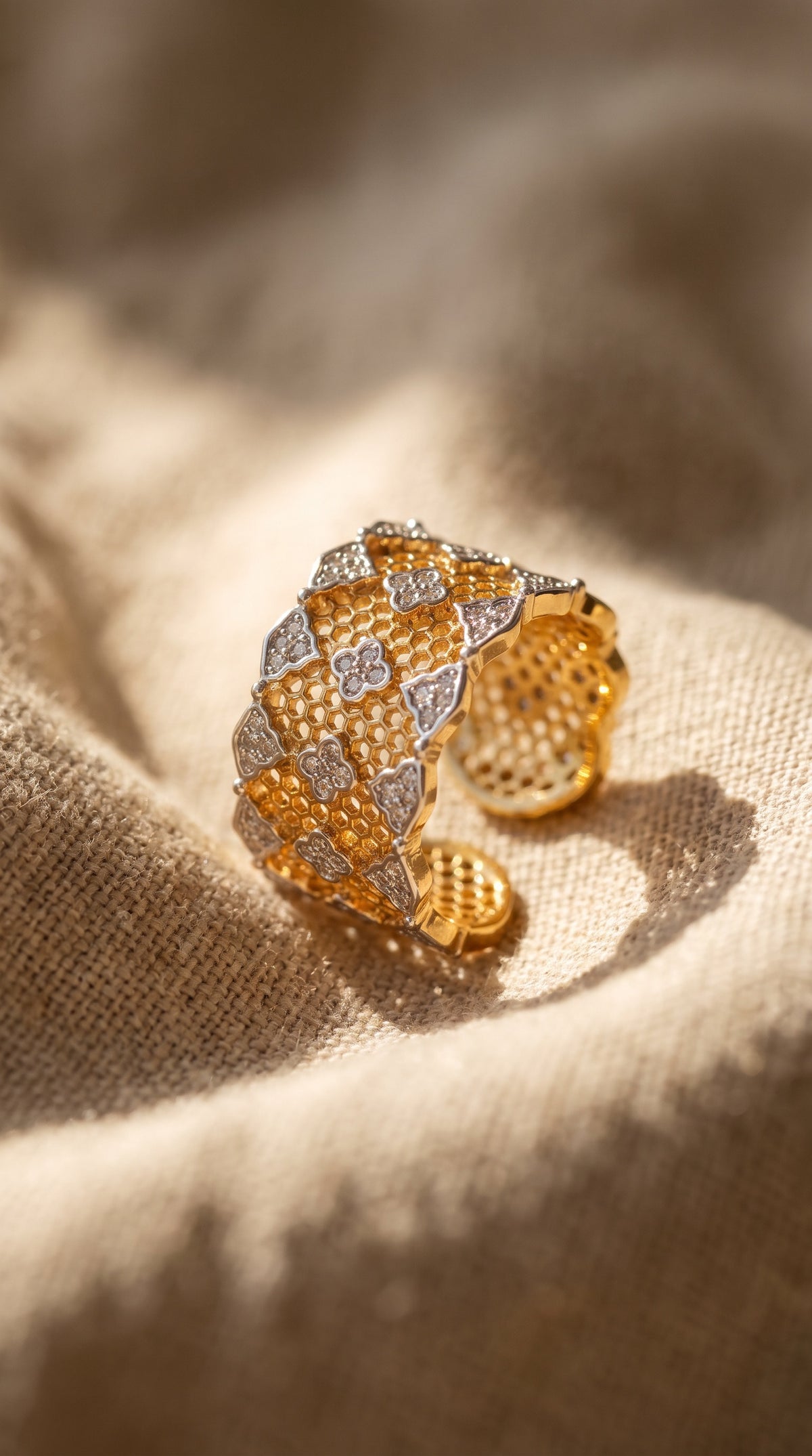 Honeycomb Crystal Power Ring | Gold Plated Recycled Brass with Cubic Zirconia