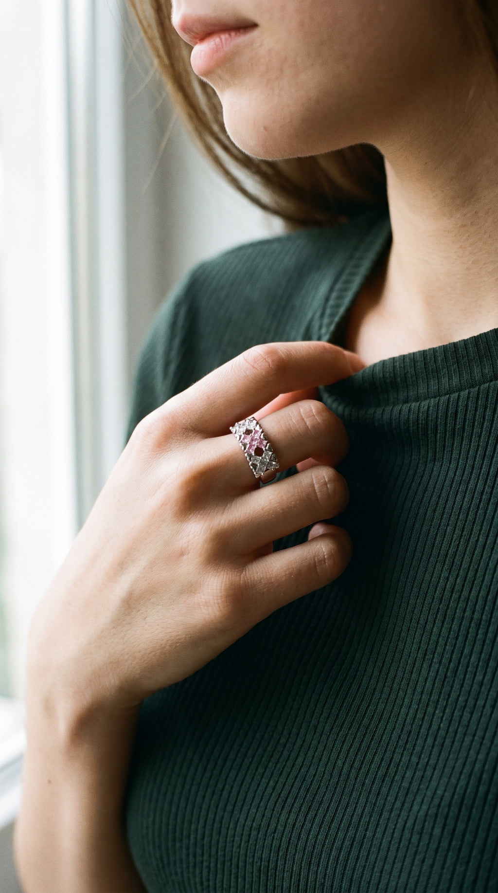 Pixel Dream Ring | White Gold Plated Recycled Brass with Cubic Zirconia