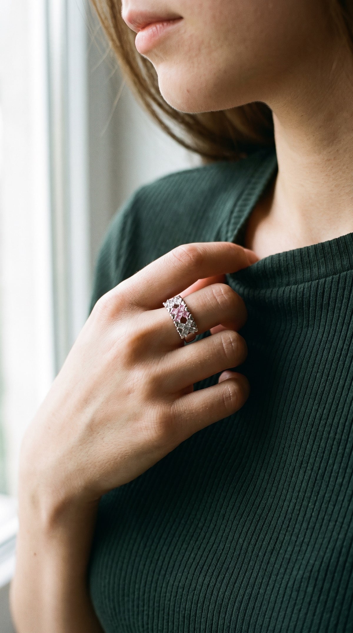 Pixel Dream Ring | White Gold Plated Recycled Brass with Cubic Zirconia