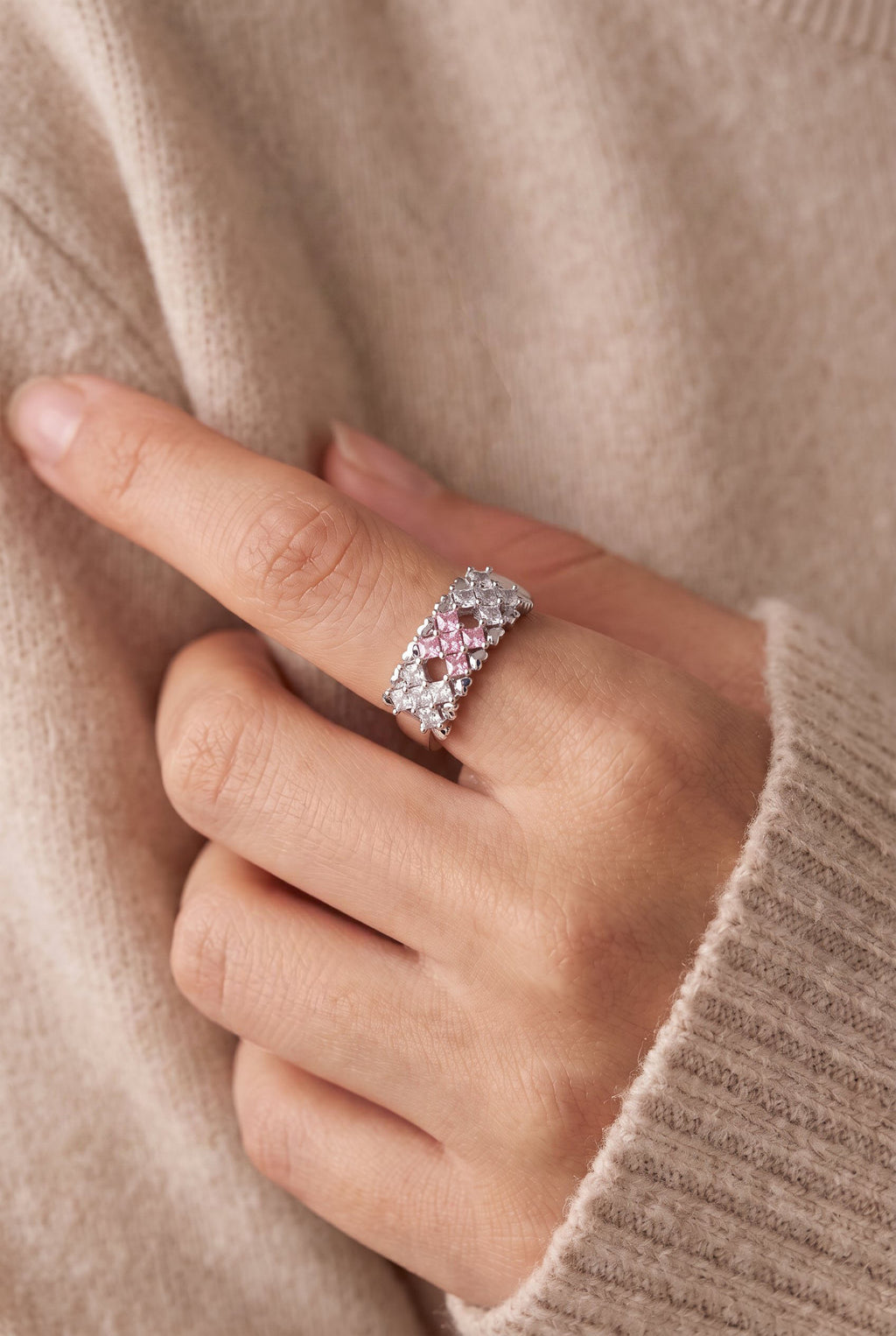 Pixel Dream Ring | White Gold Plated Recycled Brass with Cubic Zirconia