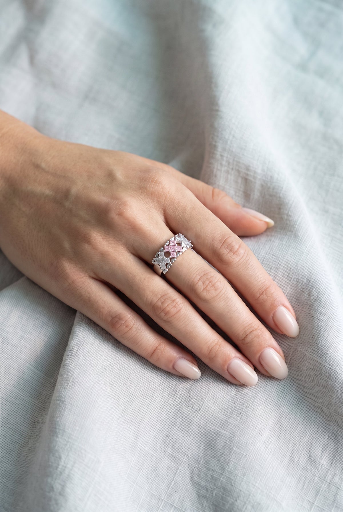 Pixel Dream Ring | White Gold Plated Recycled Brass with Cubic Zirconia