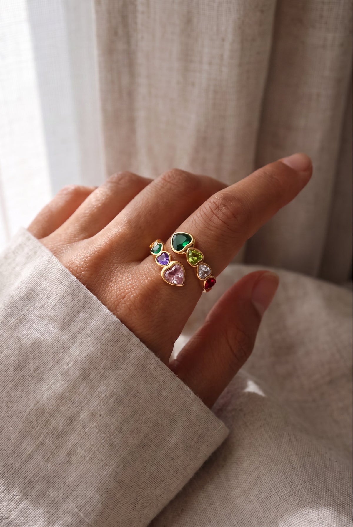 Rainbow Hearts Ring | Waterproof Gold Plated Stainless Steel Ring with Cubic Zirconia