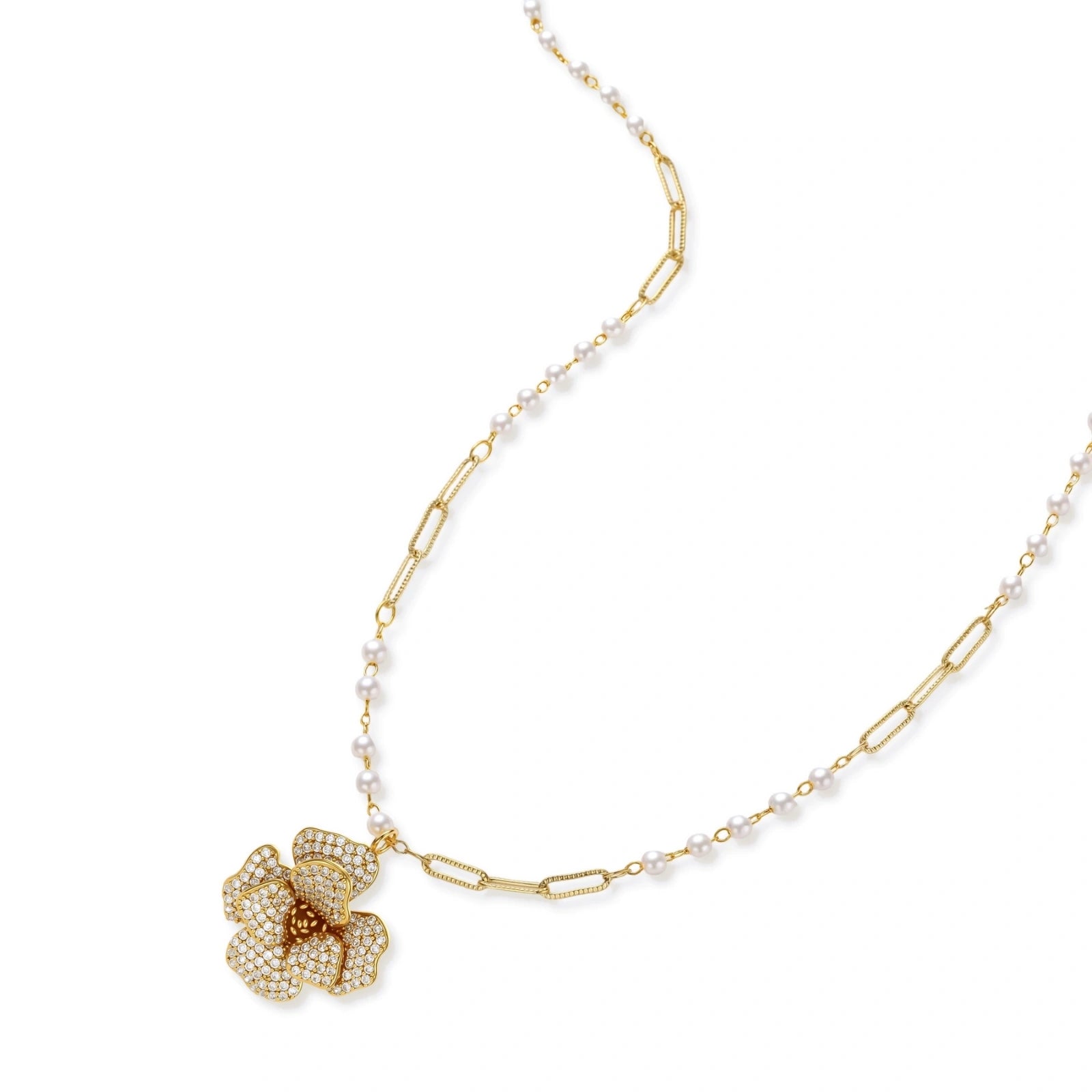 14K gold-plated flower jewelry set with zirconia crystals, featuring dimensional petal necklace and matching earrings