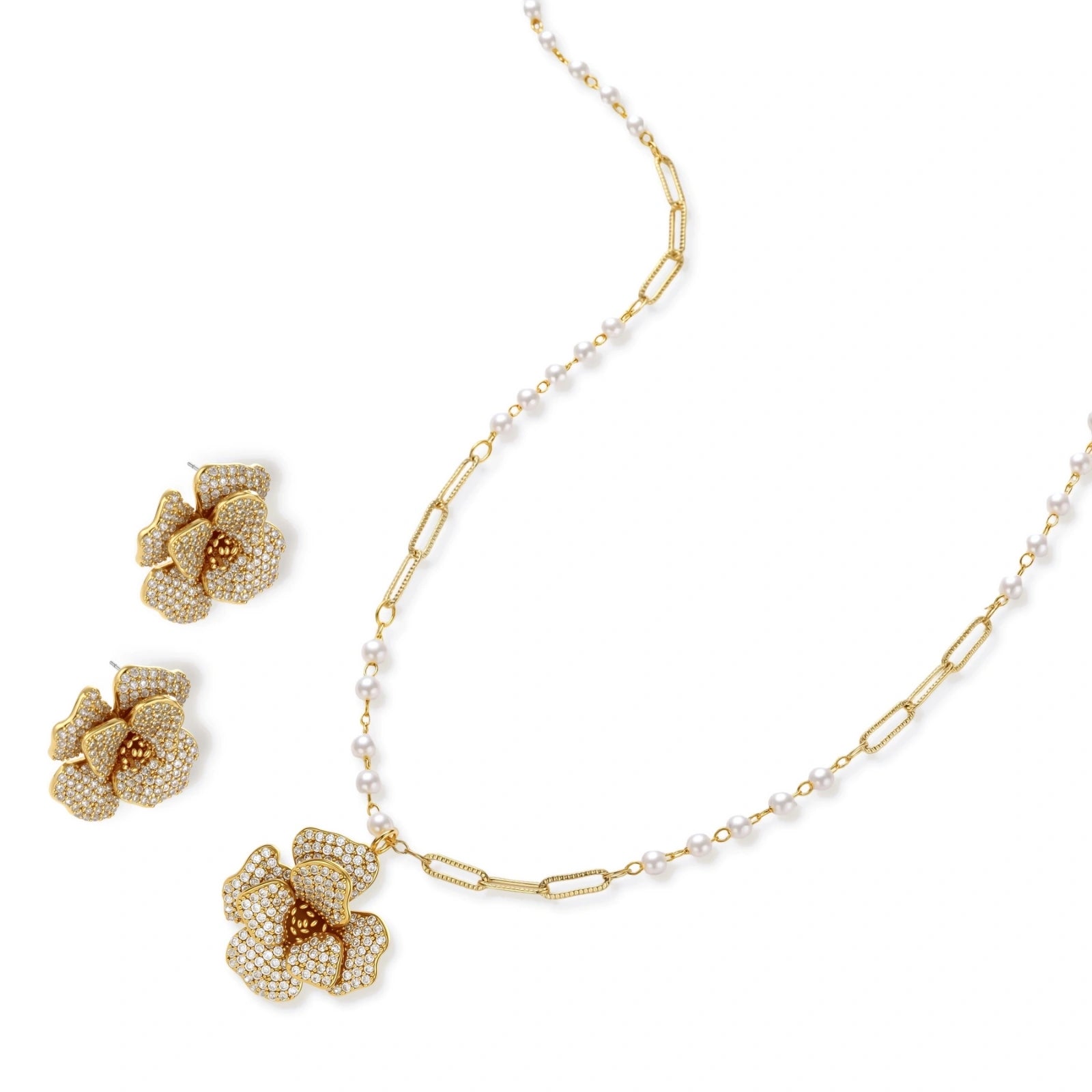 14K gold-plated flower jewelry set with zirconia crystals, featuring dimensional petal necklace and matching earrings