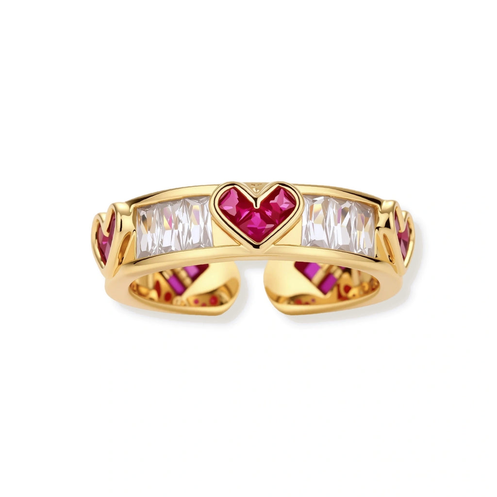 Gold-plated adjustable ring with alternating red heart-shaped and clear rectangular zirconia stones in geometric pattern