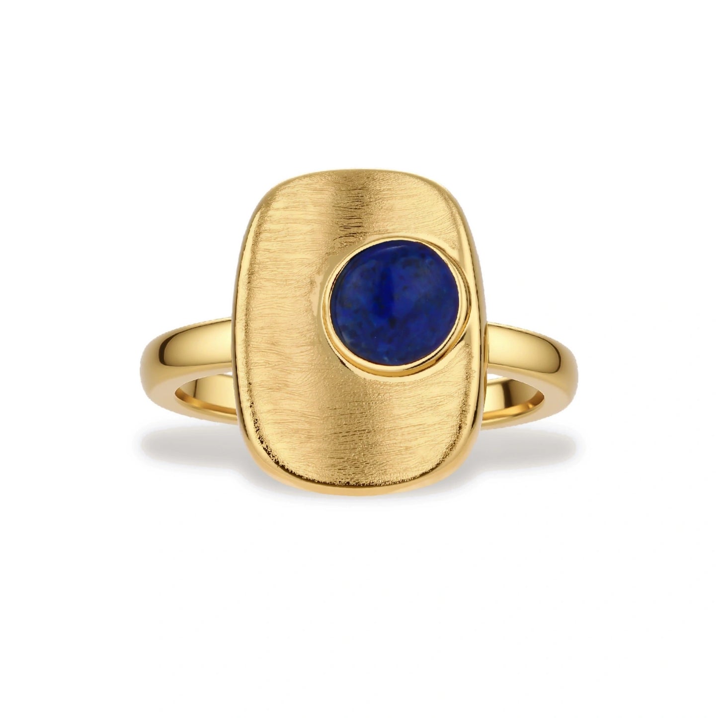 Adjustable gold-plated ring with textured square setting featuring a round blue lapis lazuli stone on cream background.