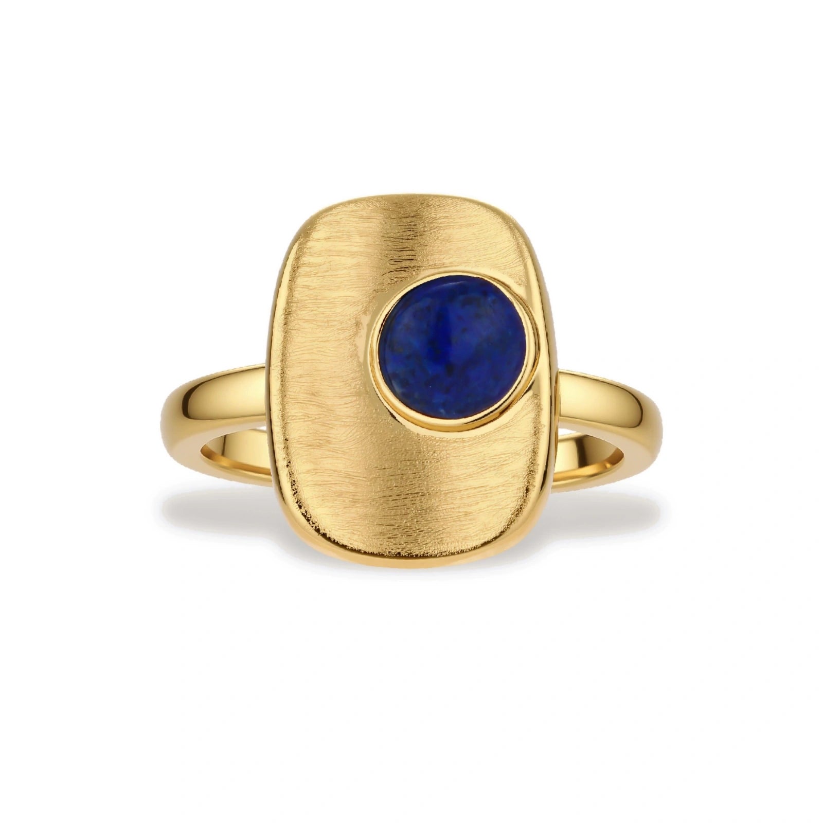 Adjustable gold-plated ring with textured square setting featuring a round blue lapis lazuli stone on cream background.