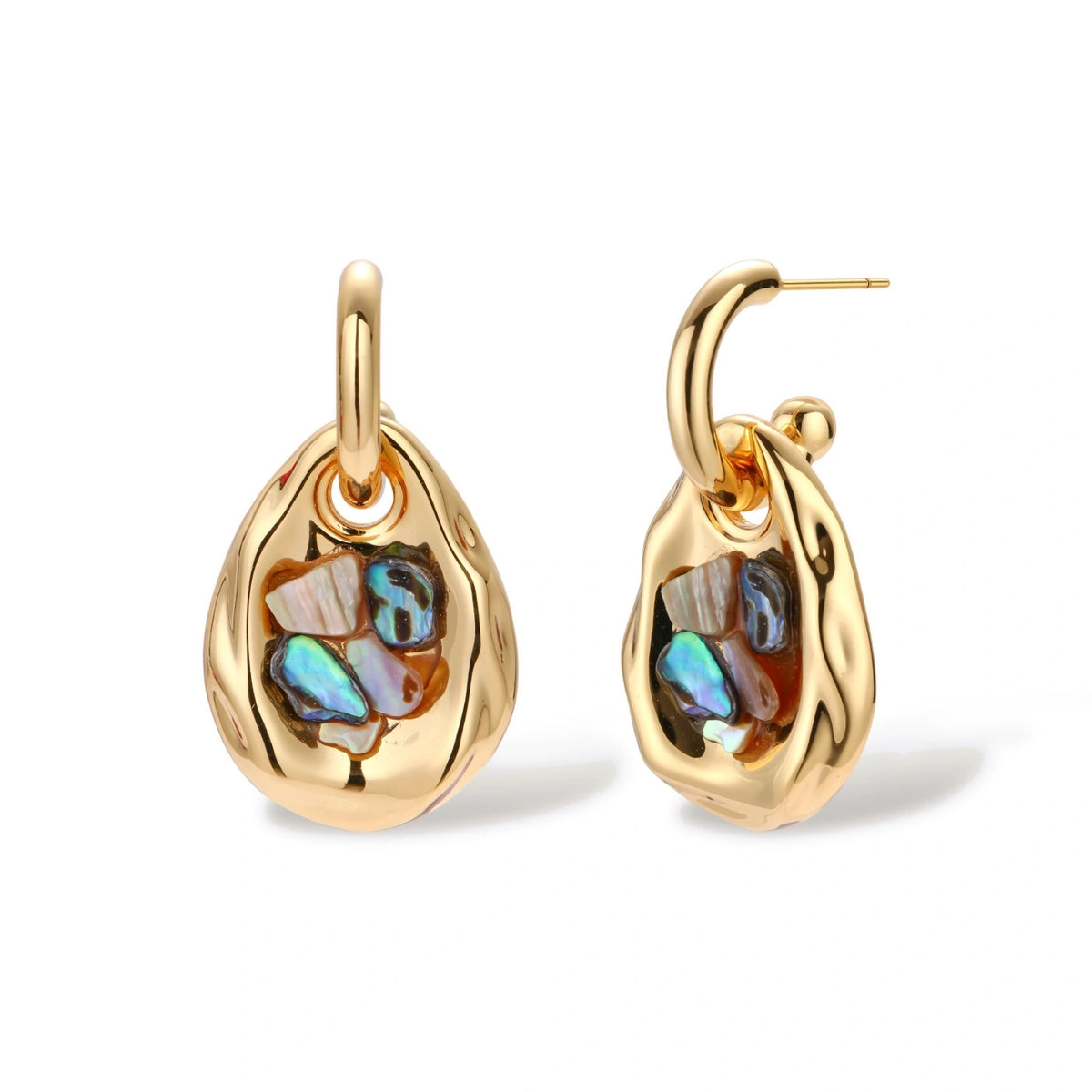 Gold-plated convertible hoop earrings with iridescent shell mosaic pendants, shown assembled and separated on cream background.