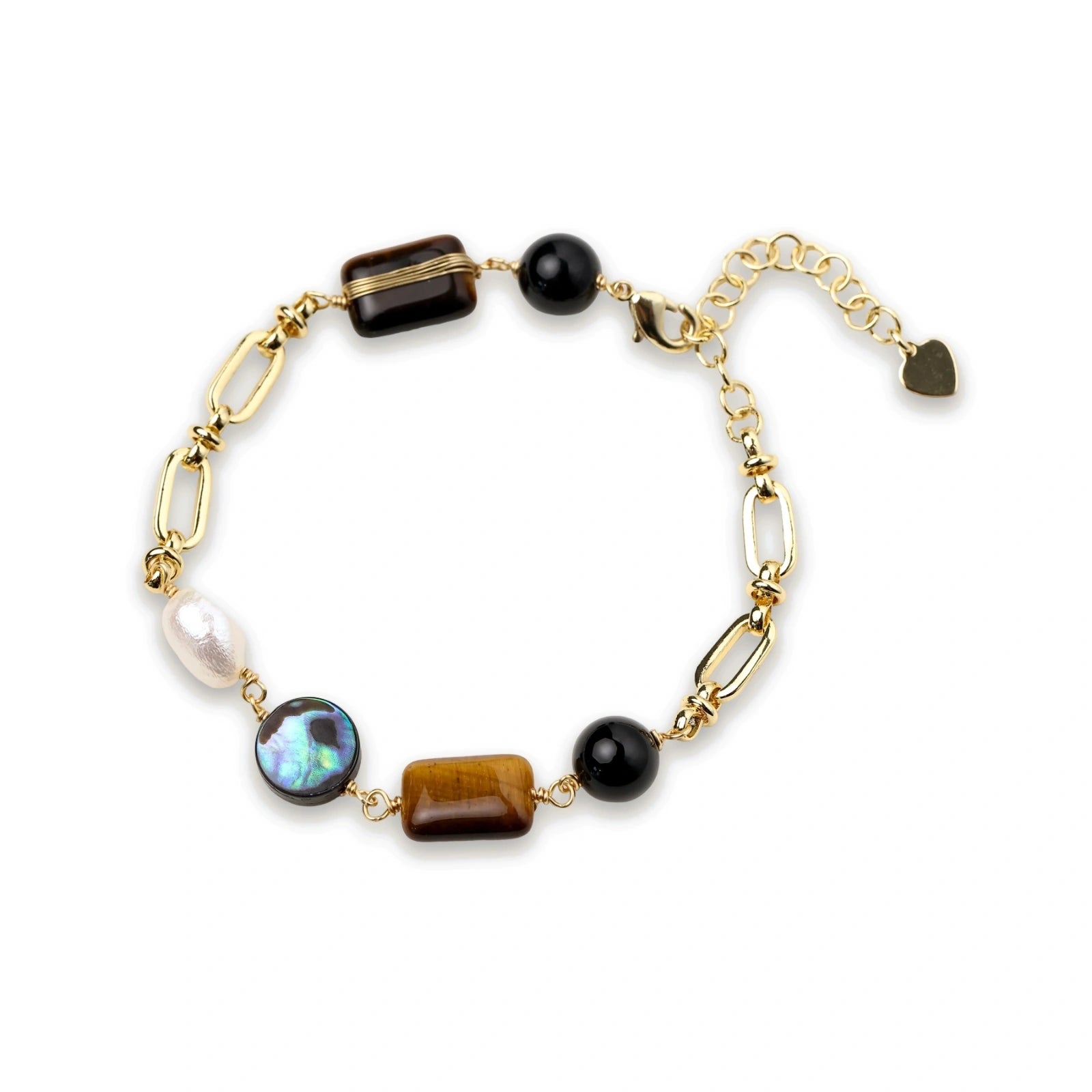 Gold chain bracelet with tiger's eye, obsidian, pearl, and iridescent abalone stones on cream background.