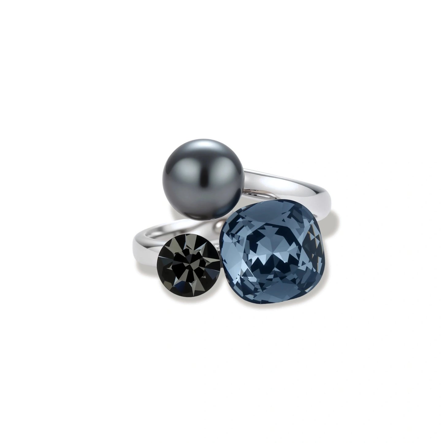 Adjustable ring with blue cushion-cut zirconia, gray pearl, and dark crystal on platinum-plated copper band against beige background.