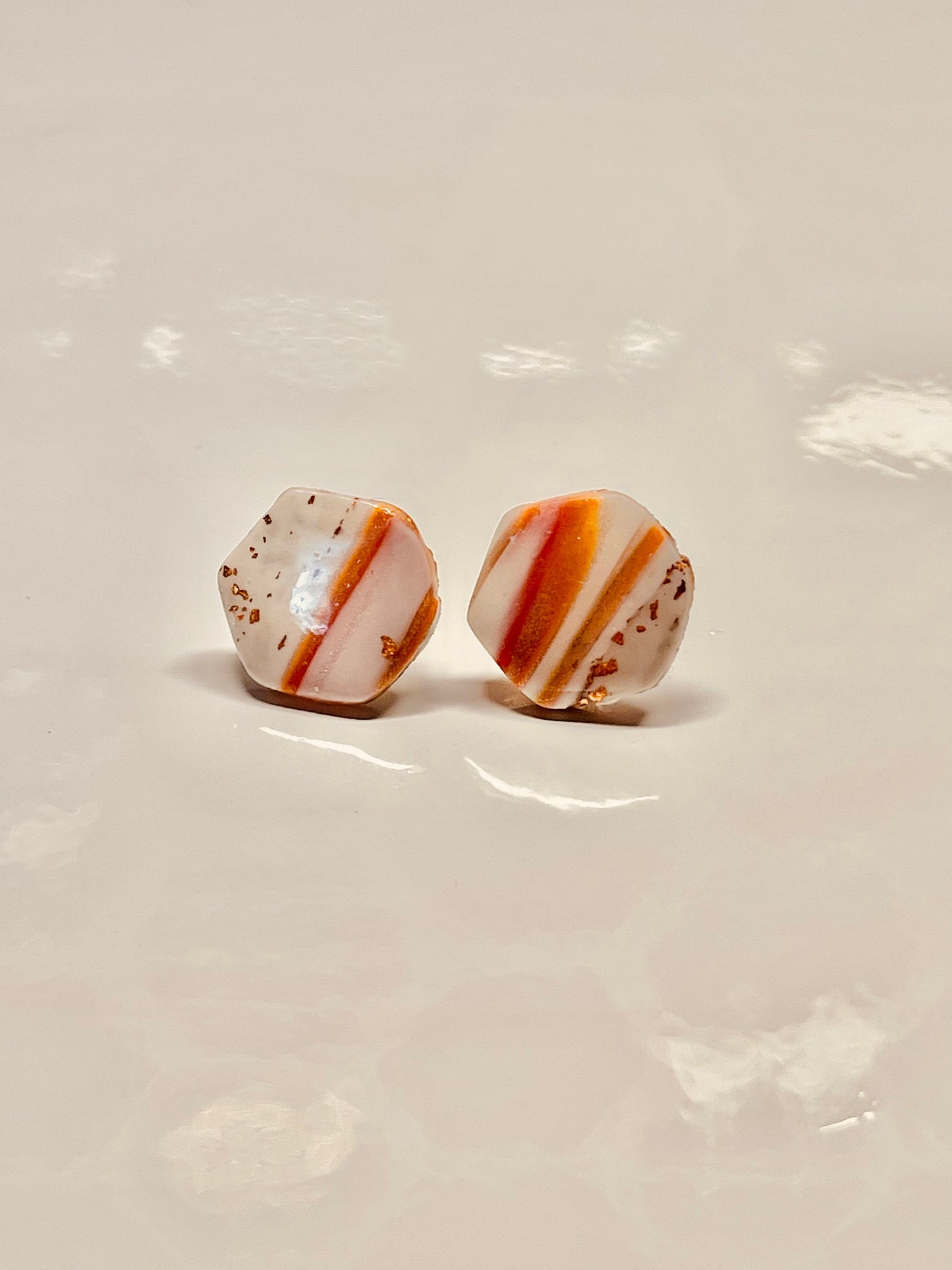 Gold, Orange and White Hexagon Stud Earrings, Polymer Clay Earrings, Hypoallergenic, Lightweight, Great Gift for Mom or Friends