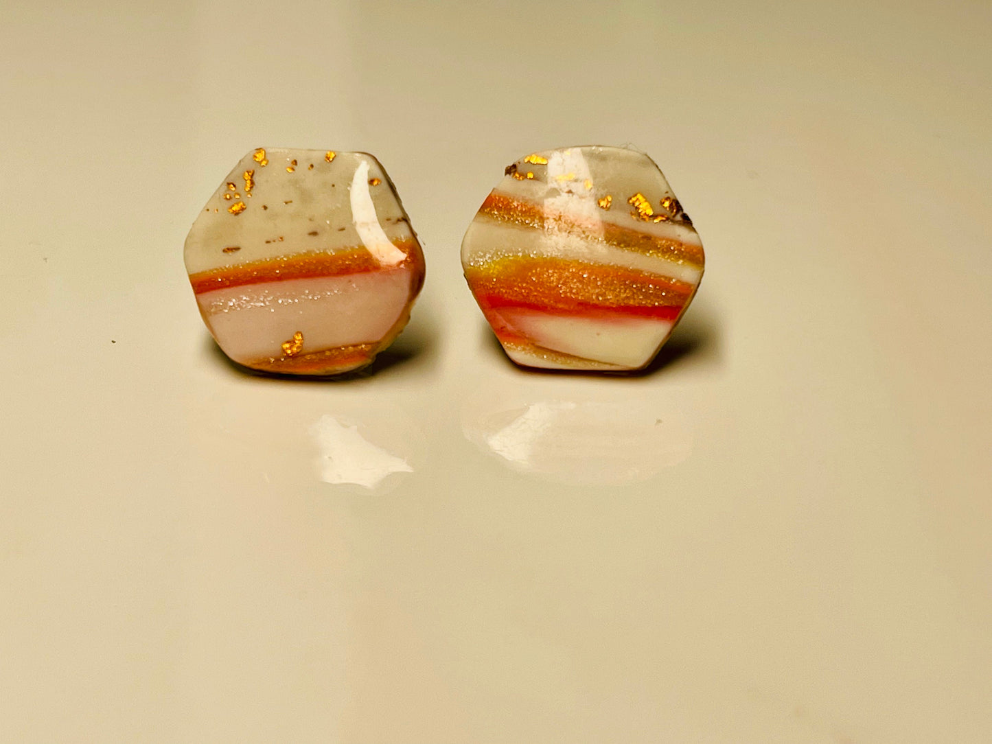 Gold, Orange and White Hexagon Stud Earrings, Polymer Clay Earrings, Hypoallergenic, Lightweight, Great Gift for Mom or Friends