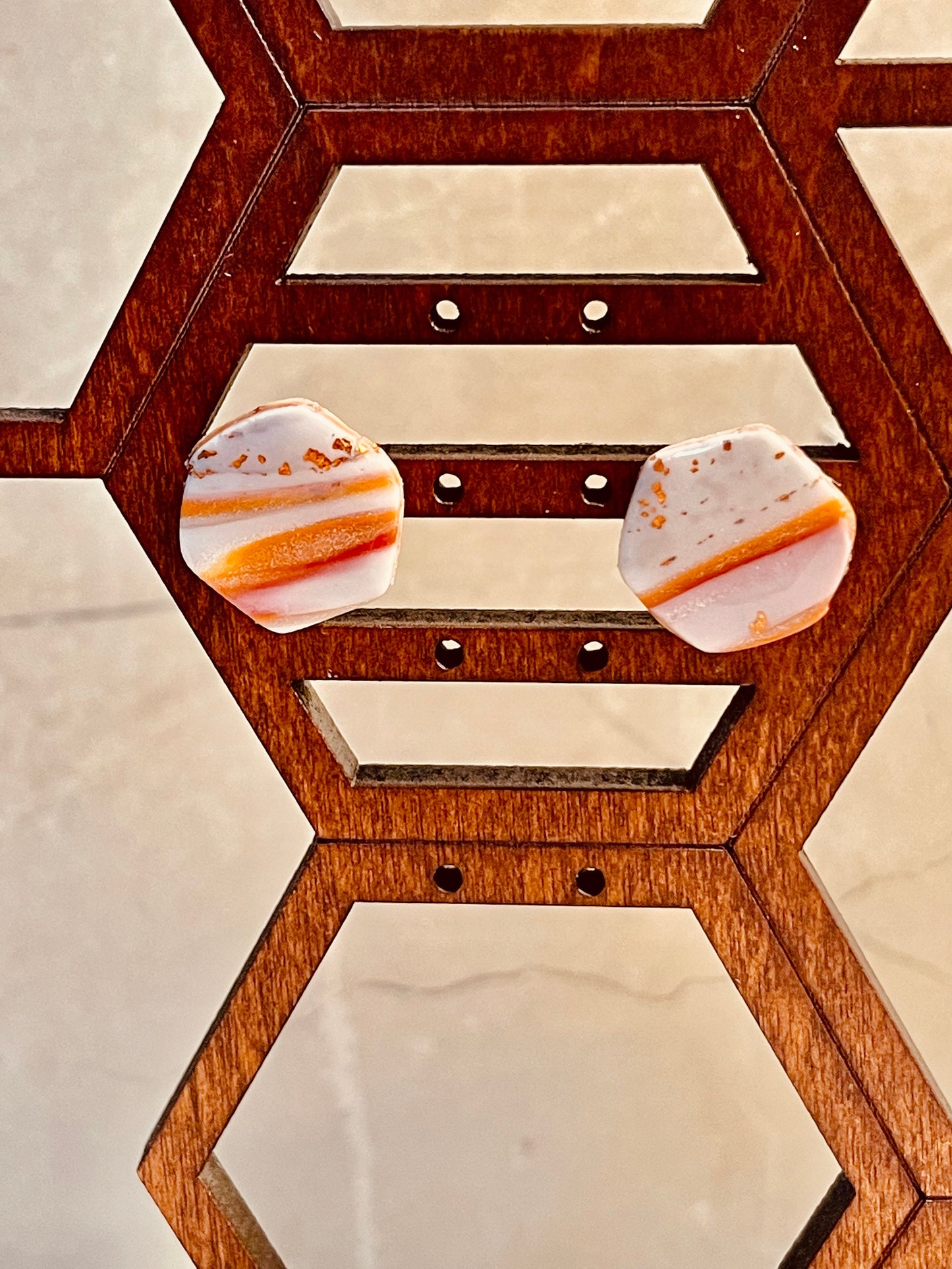 Gold, Orange and White Hexagon Stud Earrings, Polymer Clay Earrings, Hypoallergenic, Lightweight, Great Gift for Mom or Friends