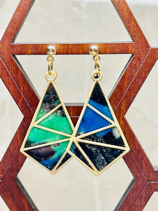 Stained Glass Effect and Gold Dangle Earrings, Statement Earrings, Polymer Clay, Hypoallergenic, Lightweight, Great Gift for Mom or Friends