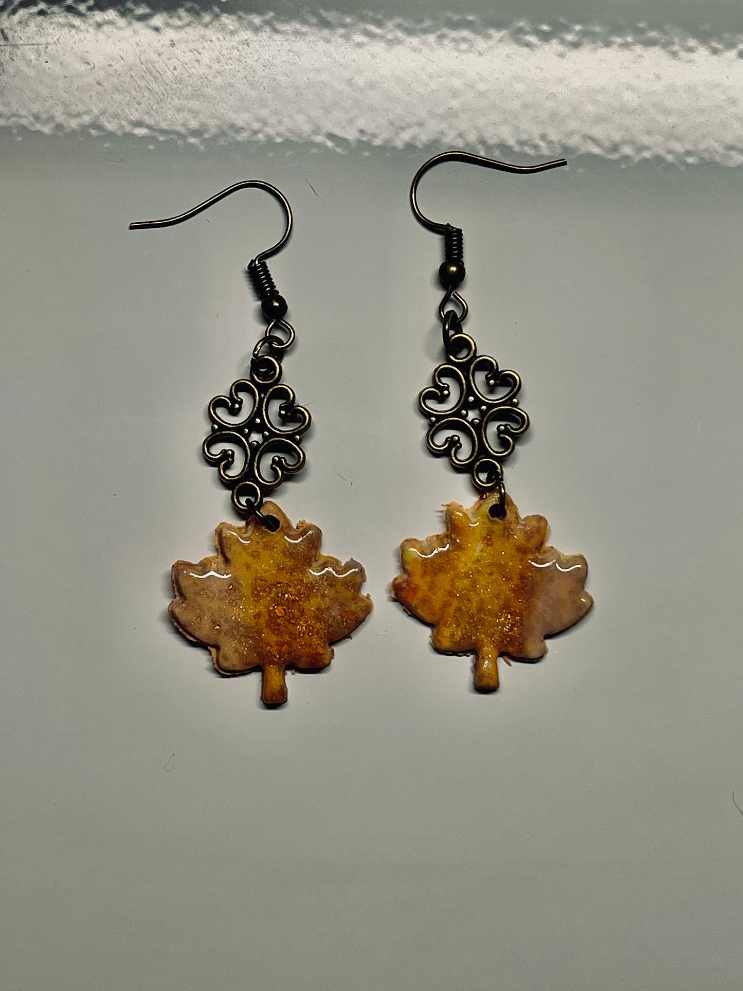 Autumn Leaves and Bronze Dangle Earrings, Statement Earrings, Polymer Clay, Hypoallergenic, Lightweight, Great Gift for Mom or Friends