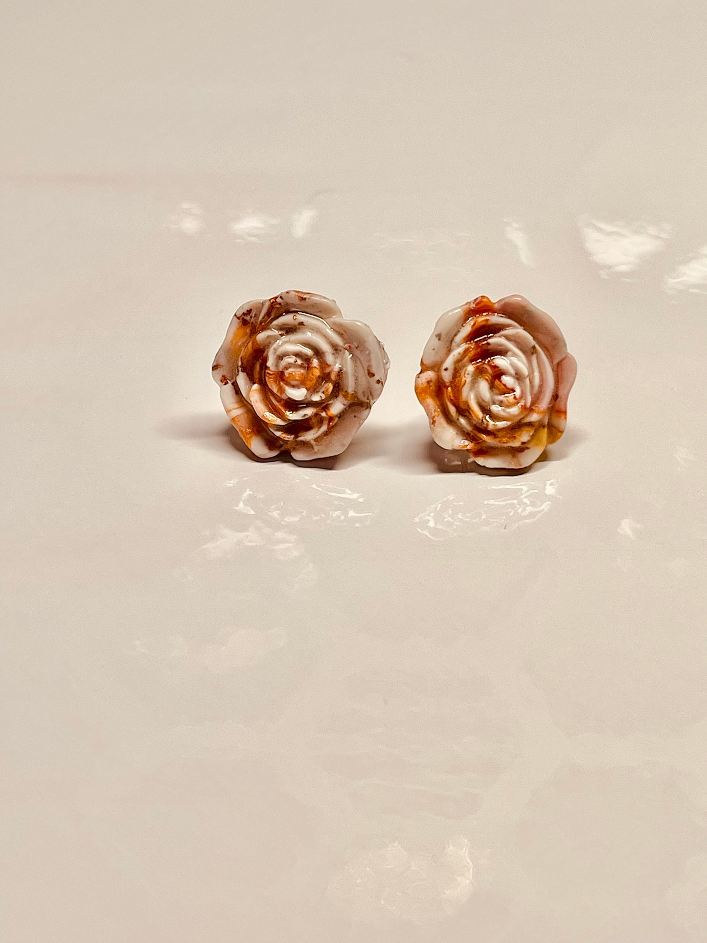 Gold, Orange and White Flower and Hexagon Stud Earring Set, Polymer Clay Earrings, Hypoallergenic, Lightweight, Great Gift for Mom or Friend