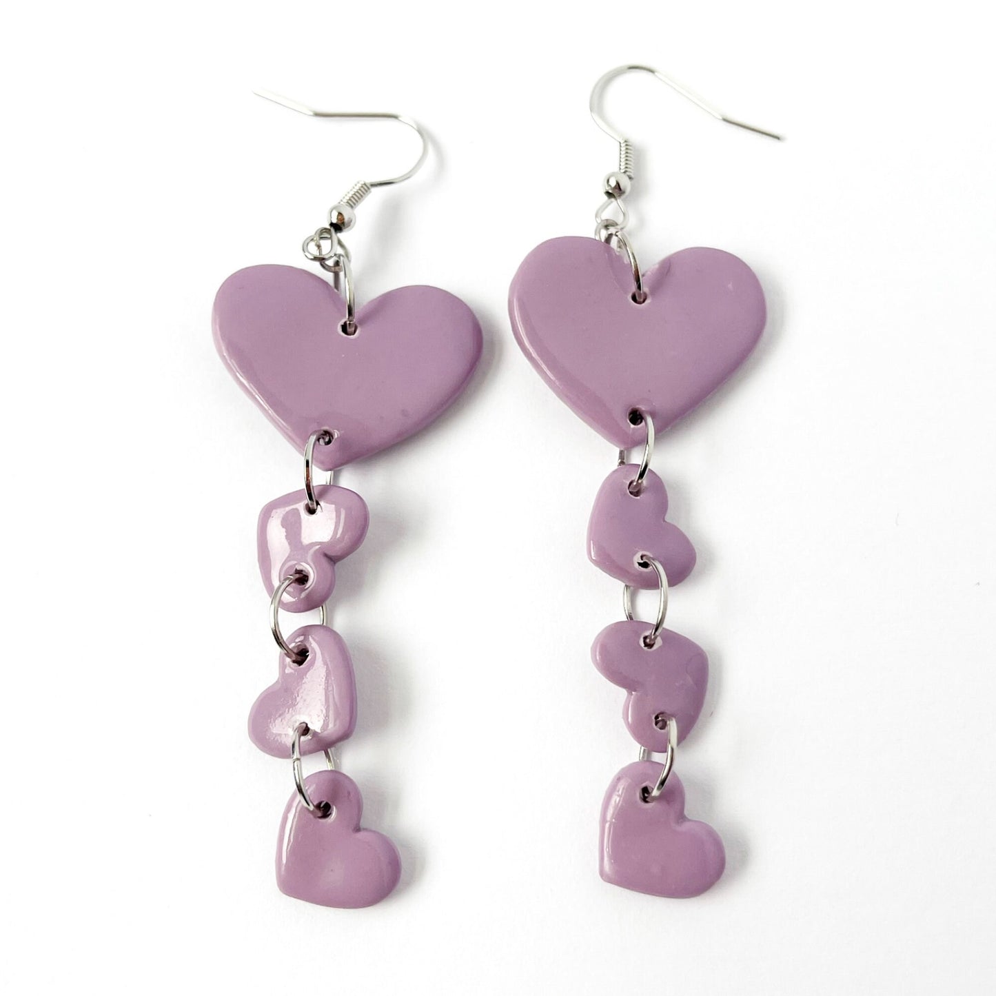 Lavender Hearts Dangle Earrings, Valentine's and Galentine’s Day, Polymer Clay Earrings, Hypoallergenic, Lightweight, Great Gift For Friends