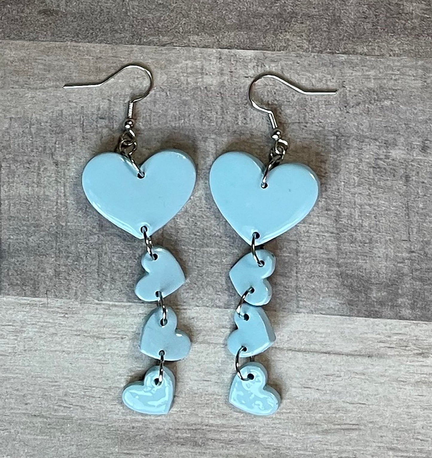 Sky Blue Hearts Dangle Earrings, Valentine's and Galentine’s Day, Polymer Clay Earrings, Hypoallergenic, Lightweight, Great Gift For Friends